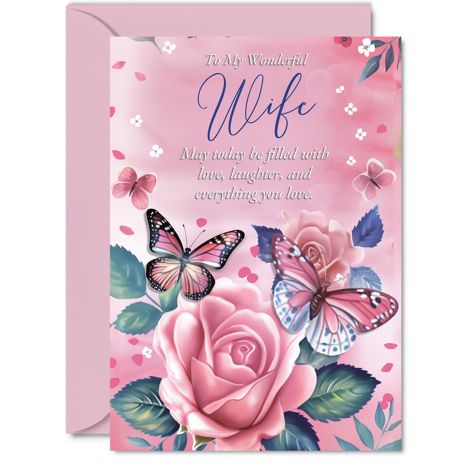 Wife Birthday Card, Pink Rose Butterfly