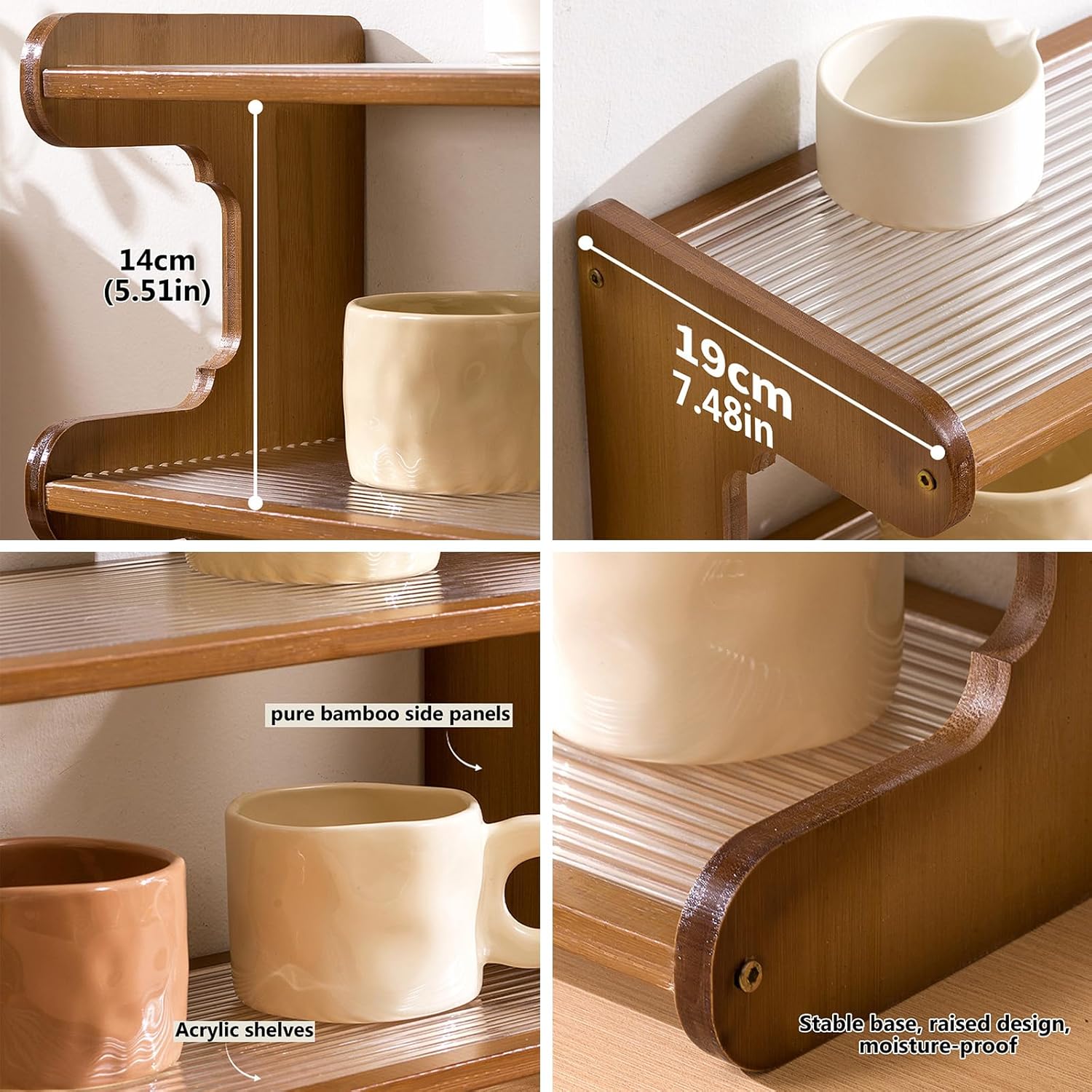 Wooden Mug Display Holder, Bamboo Wood Coffee Mug Organizer Countertop, Counter Shelf for Tea Coffee Bar Accessories, Matcha Stand, Kitchen Condiment Storage Rack,3tier,20.28IN