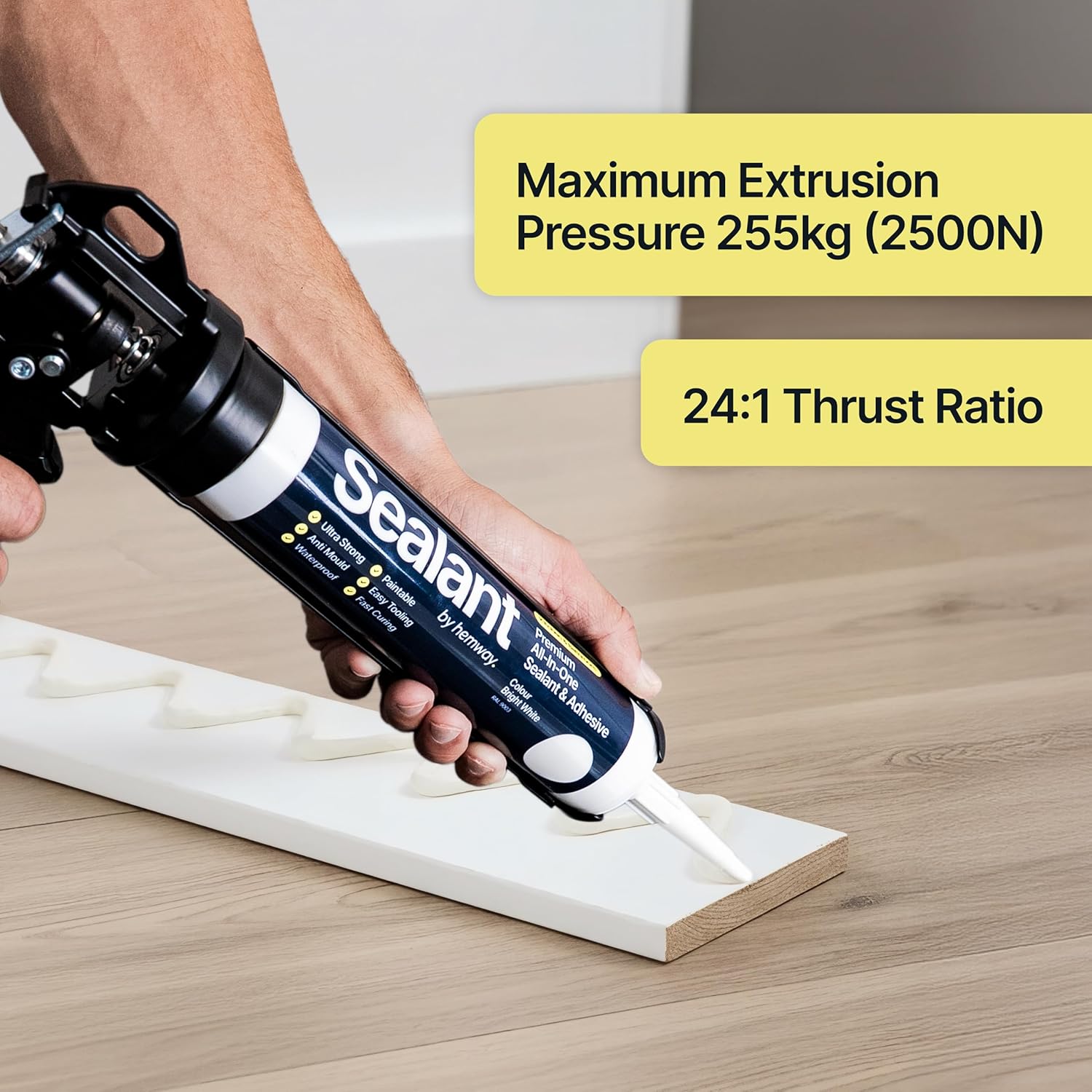 Sealant Caulk Gun & Profiling Tool 4 Piece Kit | Strong Caulking Gun for 310 ml / 10 oz Cartridge | Multi Edge Reusable Applicator Scrapers | Use with Caulk Mastic Silicone Sealant Adhesive | Hemway