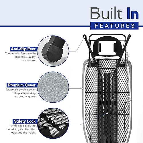 Miniatura 4 de Tabla de planchar extra ancha superficie grande de 48 x 18 pulgadas (57 pulgadas con soporte de hierro)  Perchero integrado para ropa, colgador y
