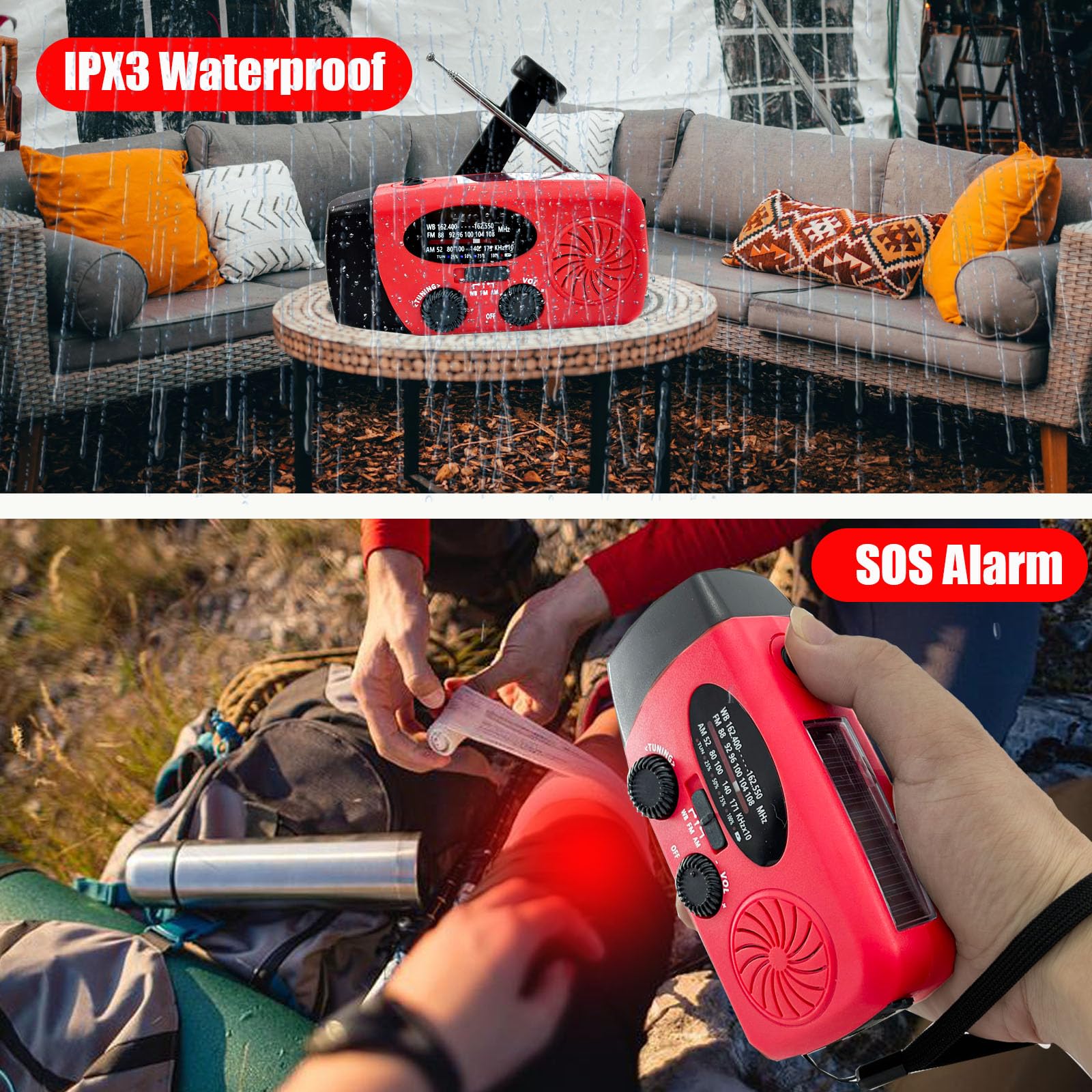 Radio di Emergenza Portatile 2000 mAh con Pannello Solare SOS, AM/FM/NOAA WB, Torcia a Manovella
