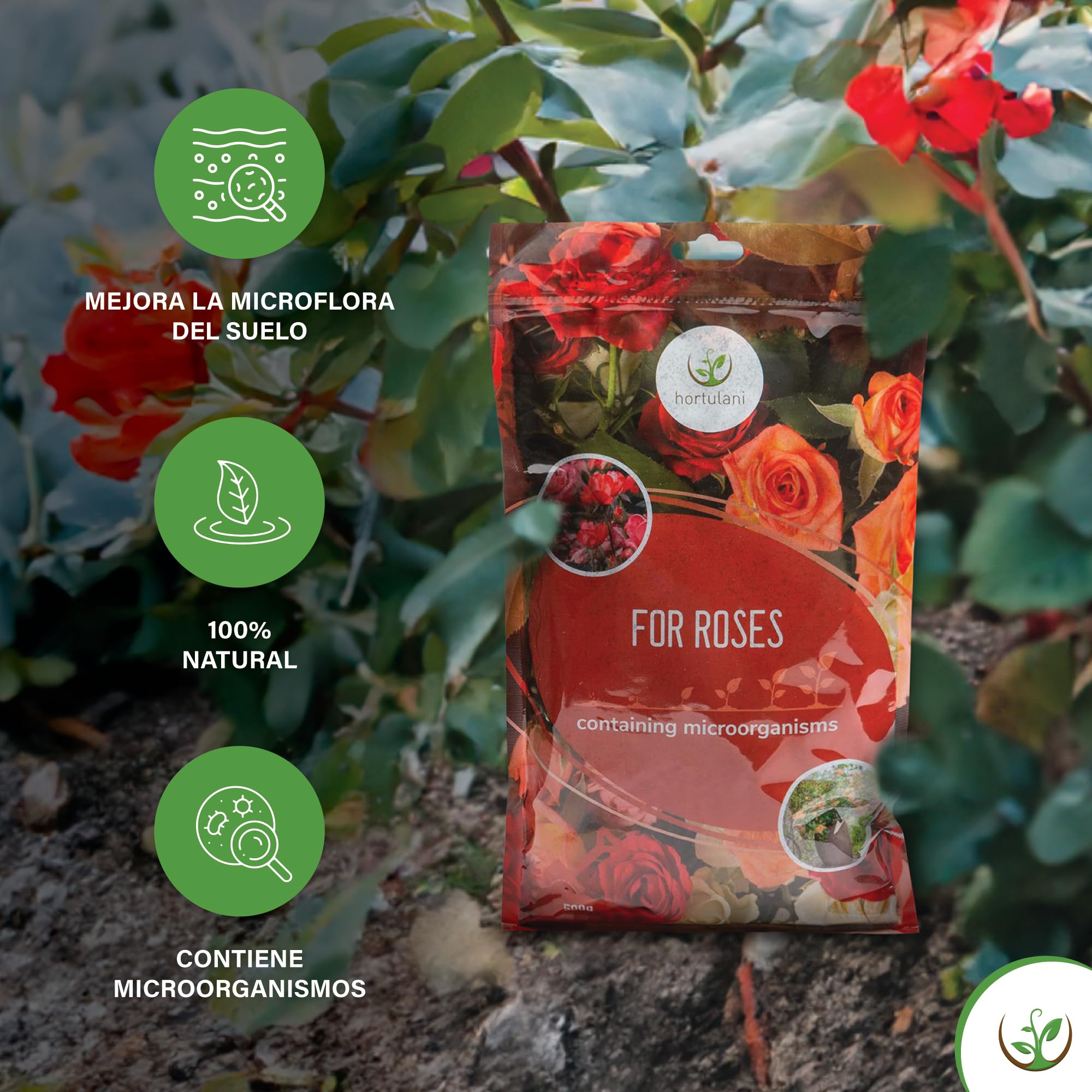 Fertilizante Microbiológico Hortulani para Rosales - con Potentes Microorganismos para Jardines en Flor - ¡Transforma tu Suelo, Cultiva el Éxito! (500 g por 5-10 rosas)
