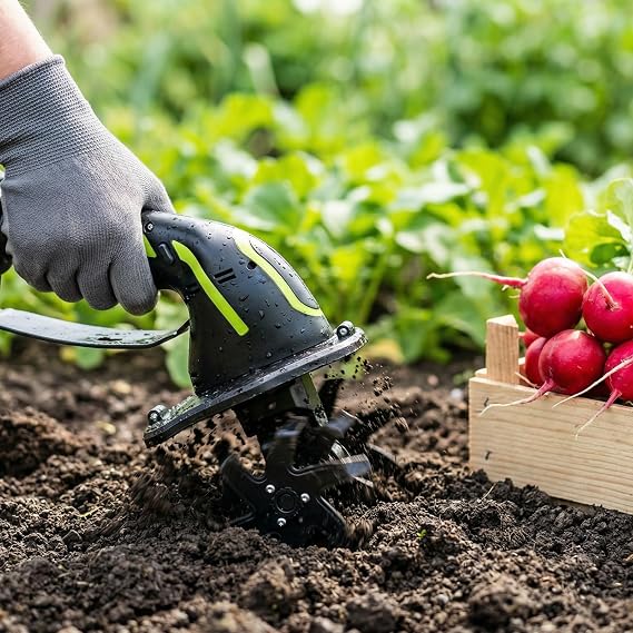 GARDTECH 21V Cordless Tiller Cultivator, 235RPM Electric Hand Tiller with 2.0Ah Battery, 4 Tilling Width & Depth, Powerful Mini Garden Tiller for Gardening, Raised Bed & Soil Loosening
