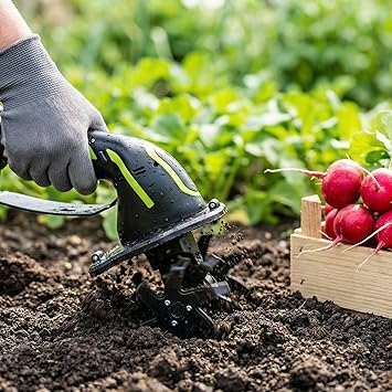 GARDTECH 21V Cordless Tiller Cultivator, 235RPM Electric Hand Tiller with 2.0Ah Battery, 4 Tilling Width & Depth, Powerful Mini Garden Tiller for Gardening, Raised Bed & Soil Loosening