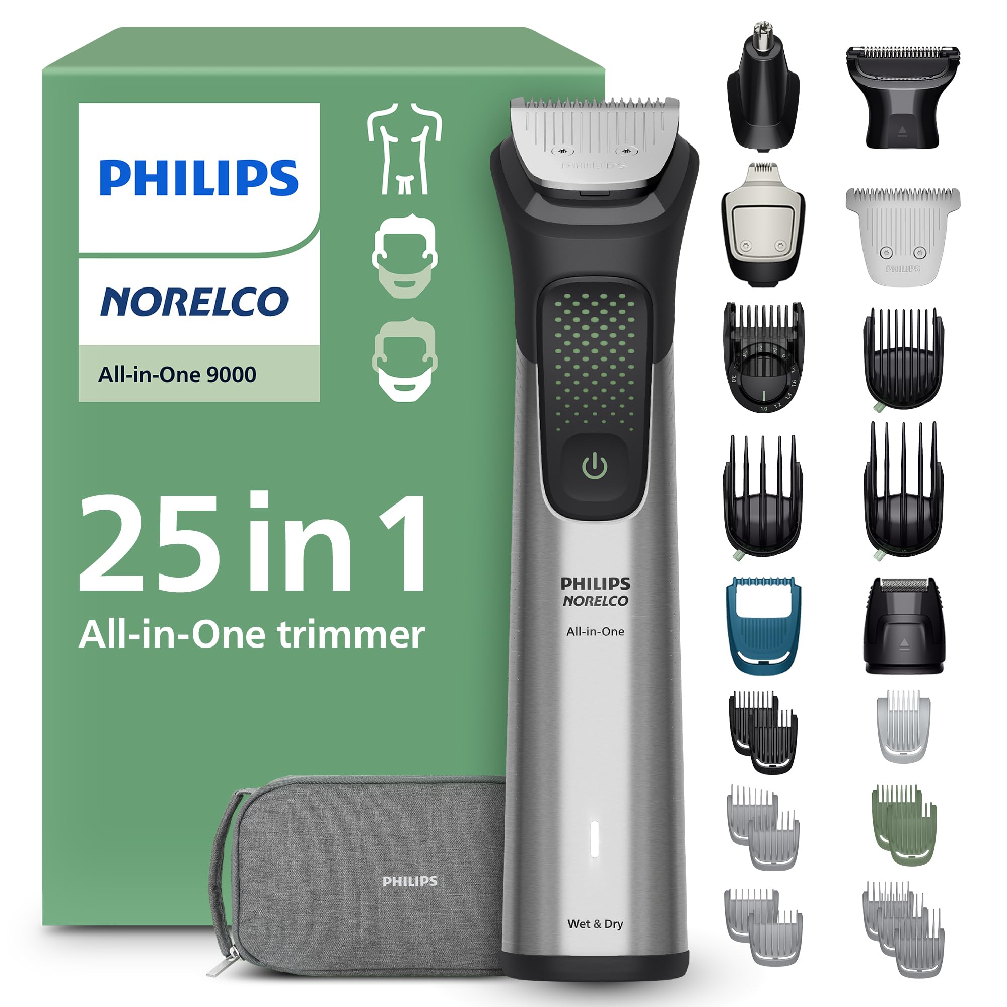 Photo 1 of Norelco Philips All-in-One 9000 Series 25-Piece Trimmer - Electric Shaver and Clipper for Face, Beard, Head & Body, Self-Sharpening Full Metal Blades, 27 Length Settings (0.5-20 mm), MG9580/40