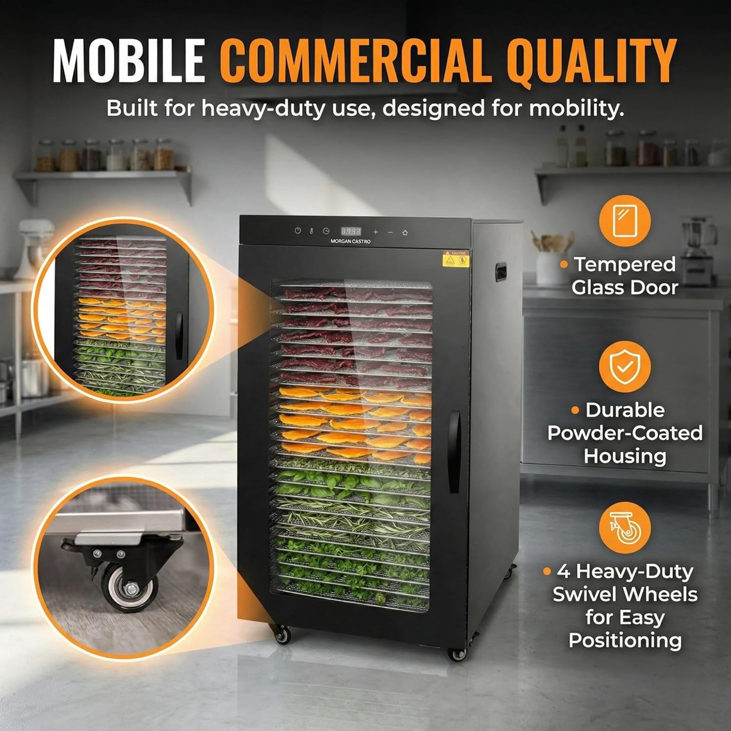 Commercial Food Dehydrator 24 Trays Black with Stainless Steel Trays, 1600W Dryer for Jerky, Fruit, Herbs & Candy, 24H Timer & 86-194°F Thermostat, 39.3 ft² Drying Area Mobile Design with Wheels