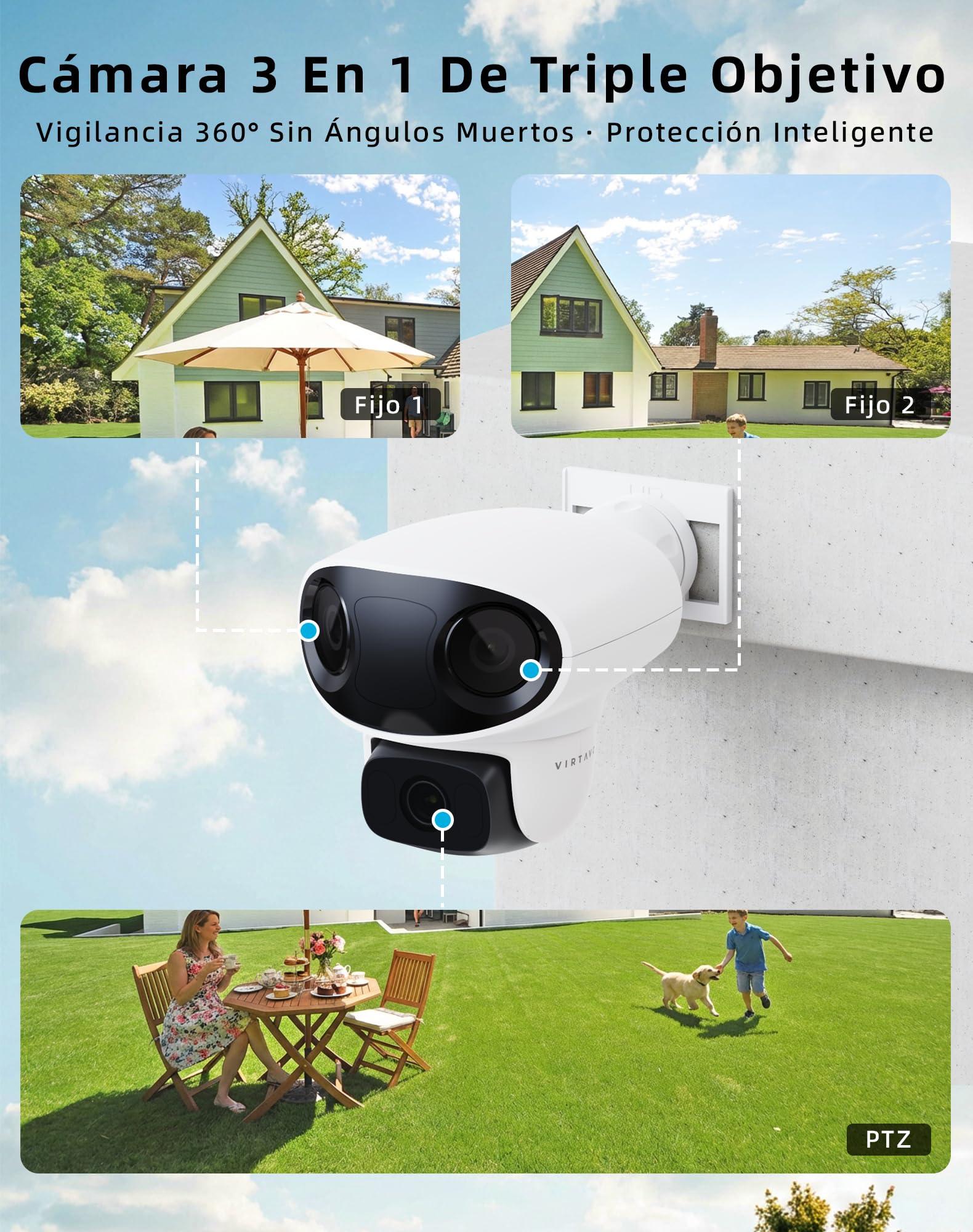 VIRTAVO Cámara de Vigilancia Exterior Tres Ojos, WiFi HD 1080P Visión Nocturna a Color, Audio Bidireccional, Detección PIR, Almacenamiento Nube/Tarjeta SD, Compatible con Alexa 2.4GHz