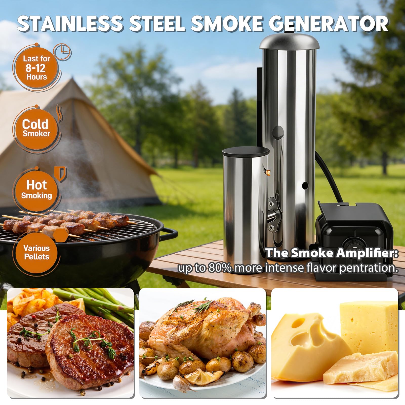 Kaltrauchgenerator aus Edelstahl, Upgrade Raucherzeuger für Räucheröfen Smoker mit Pumpe, Tragbares Räucherofen Elektrisch Zum Räuchern von Lebensmitteln und Fleisch, BBQ Rauch-Erzeuger (Long Handled)