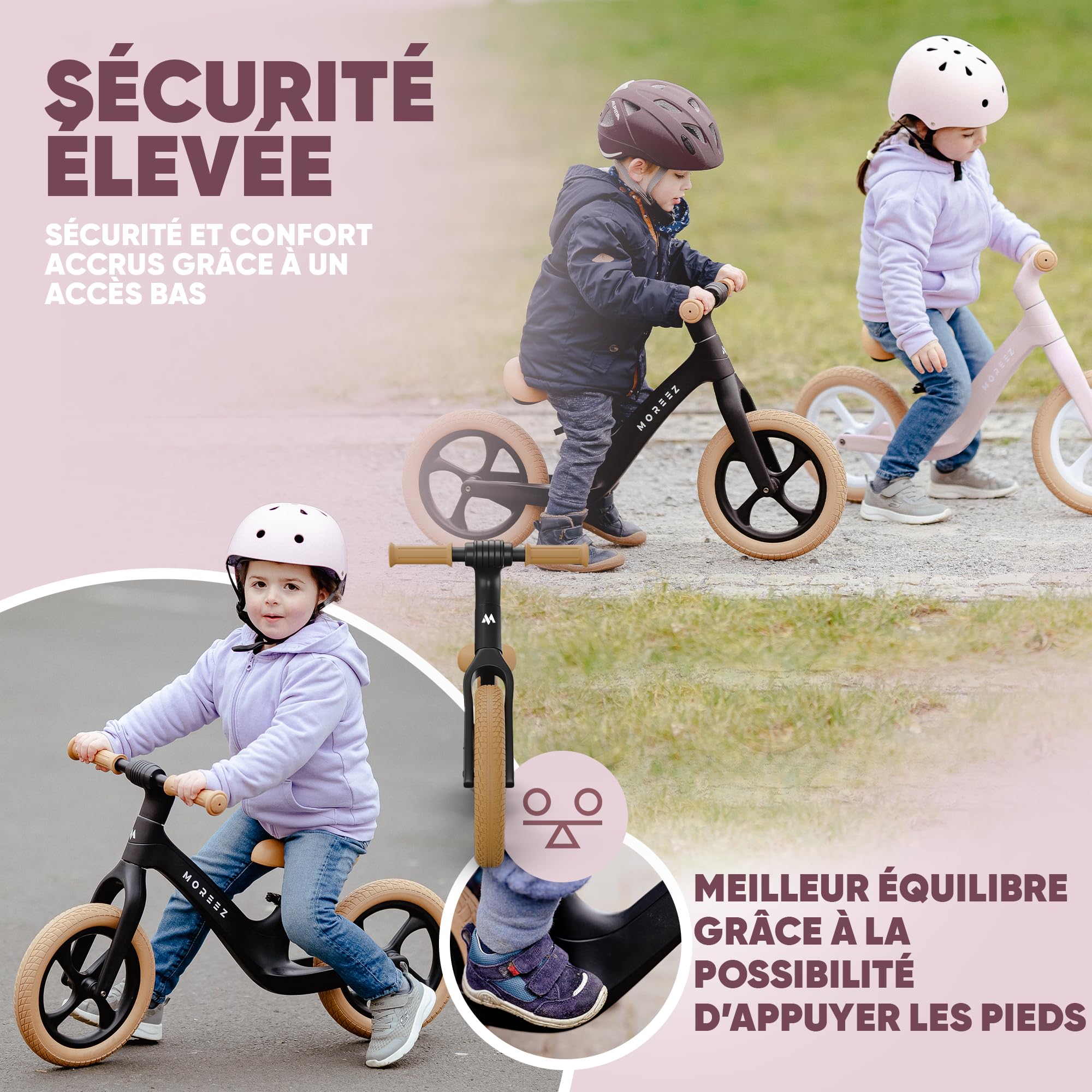 MOREEZ Draisienne à partir de 2 ans [2-5 ans] Roue ultra légère pour enfant avec protection contre les chutes, siège ergonomique, roues de 12 pouces anti-crevaison de 50 kg, repose-pieds antidérapant