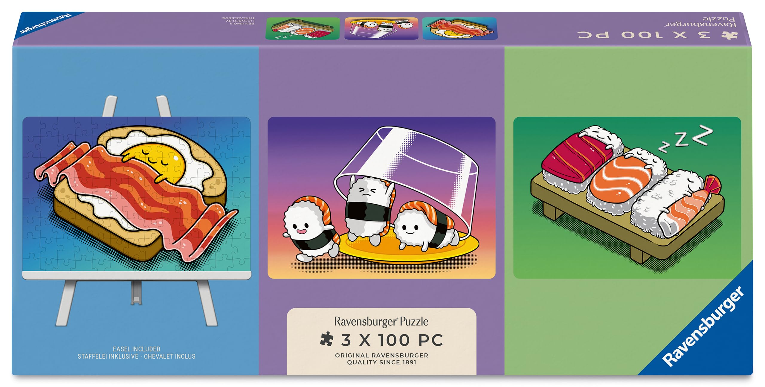 Ravensburger Kawaii Breakfast, Lunch & Dinner Puzzle & Easel Set. 3 x 100 Piece Jigsaw Puzzles for Kids Age 6+, Cute Food Anime Style Puzzles with Small Display Easel, Family Puzzle Gift