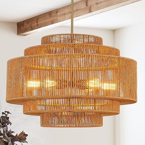 Lámpara de araña grande de ratán bohemio de 25.59 pulgadas, de bambú, tejida a mano, lámpara de araña vintage de ratán dorado para comedor,