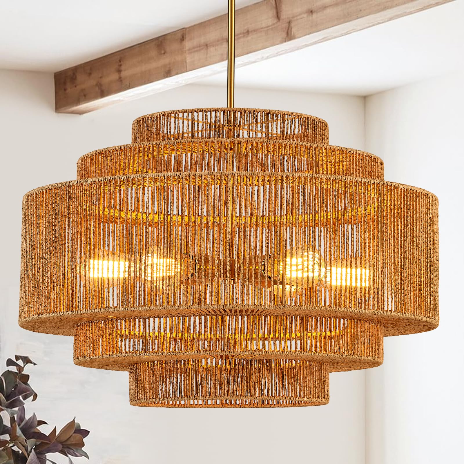 Photo 1 of YOMECOO 25.6" Large Rattan Chandelier, 6-Light Gold Wicker Light Fixture