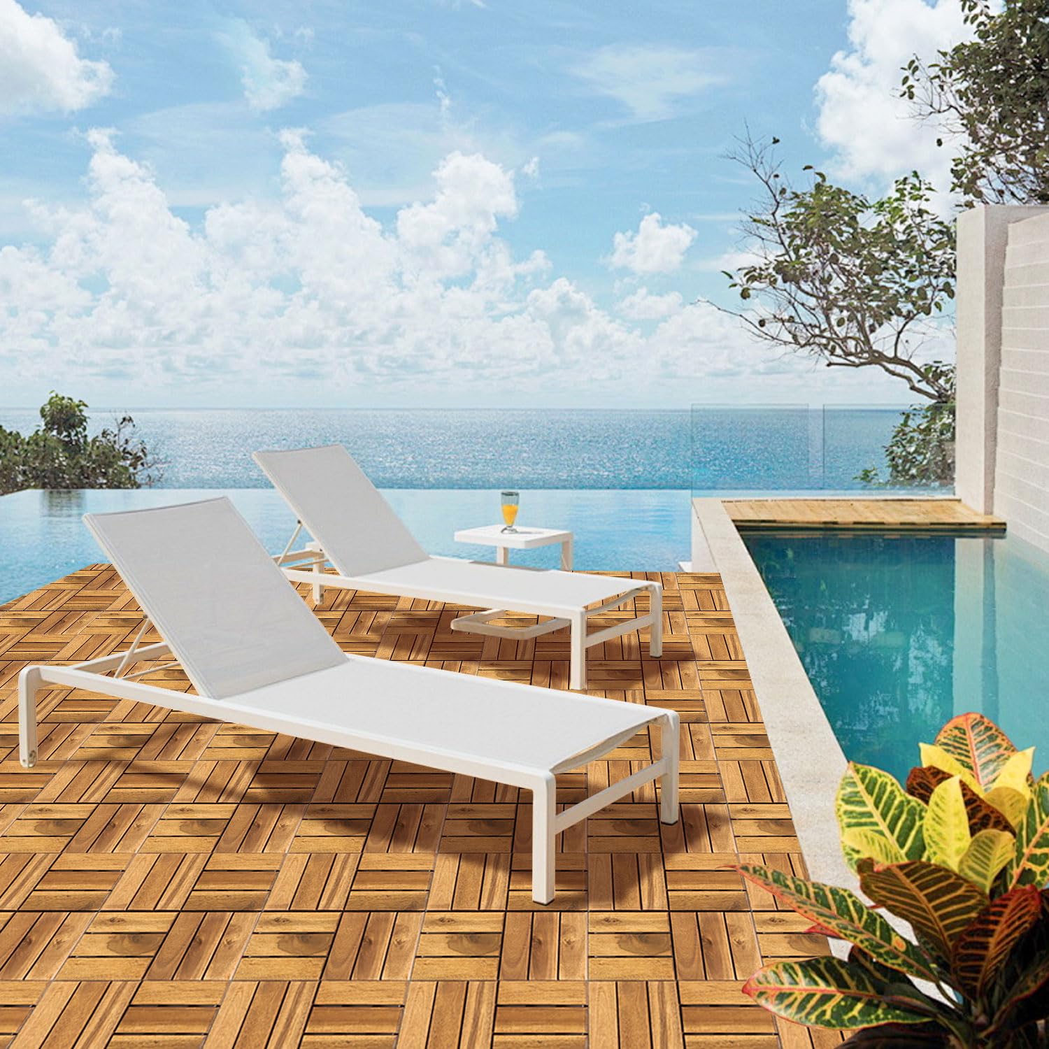 Fiqops Holzfliesen Balkon 30x30cm, Akazienholz Terrassenfliesen 11Stück 1㎡,Terassenboden Außen,Klickfliesen Terrasse Mosaik für Garten Patio,Balkon Bodenbelag (12 Latten)