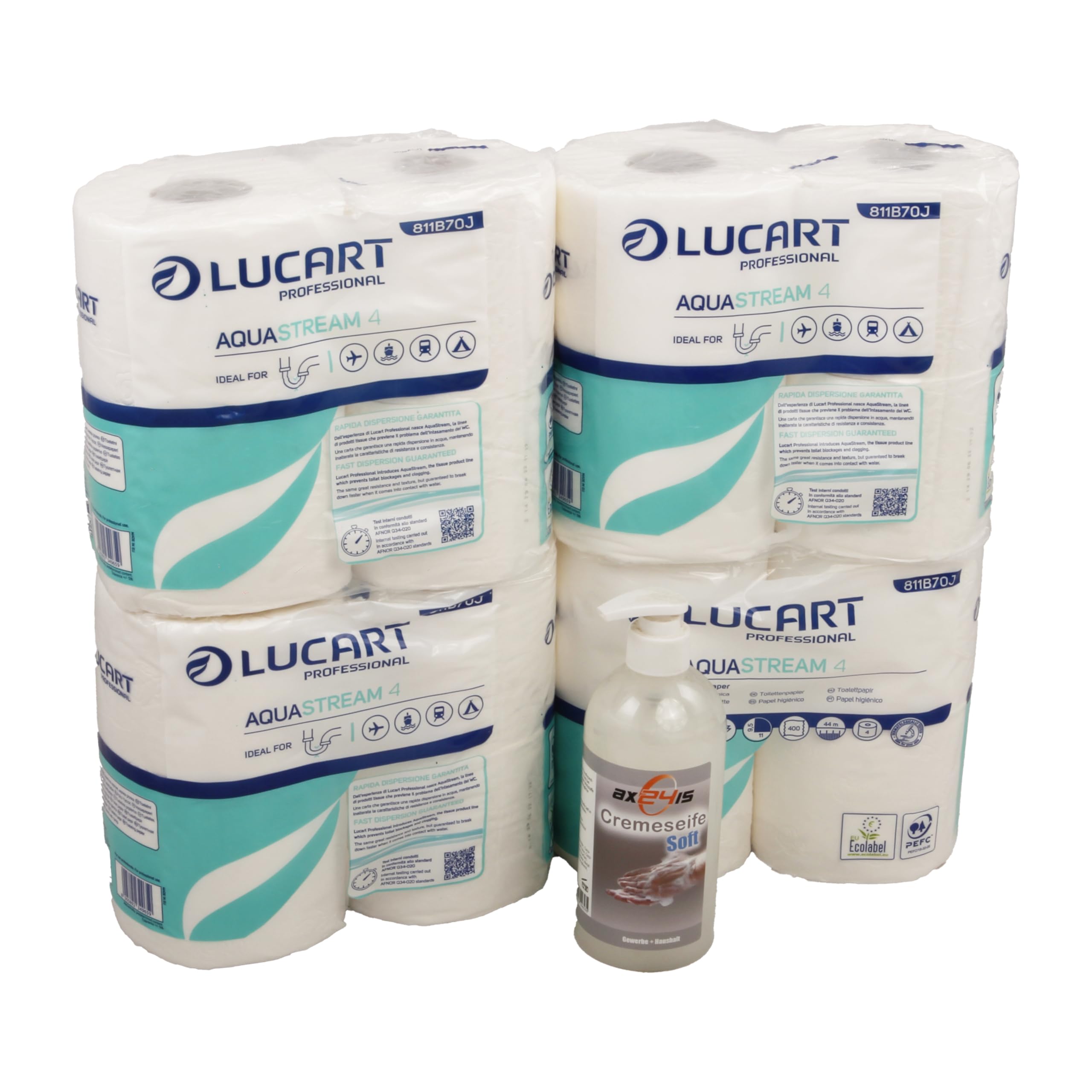Lot de 4 Rouleaux Papier Toilette Auto-Dissolvant Aquastream | Papier toilette camping et bateau avec savon crème liquide 500 ml. Dissolution rapide en 7 minutes pour WC chimiques.