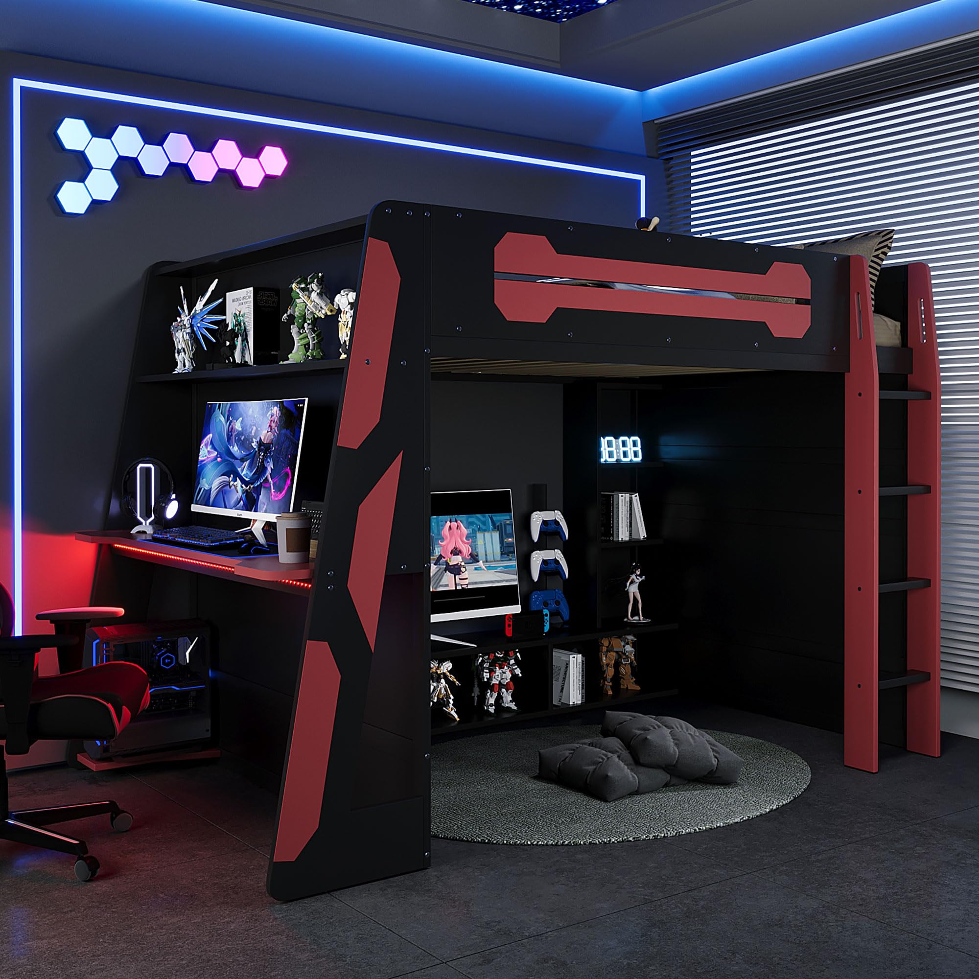 Polibi Wood Full Size Gaming Loft Bed with Desk and Shelf,Bed Frame with LED Light,USB Ports and Storage Cabinet,Red