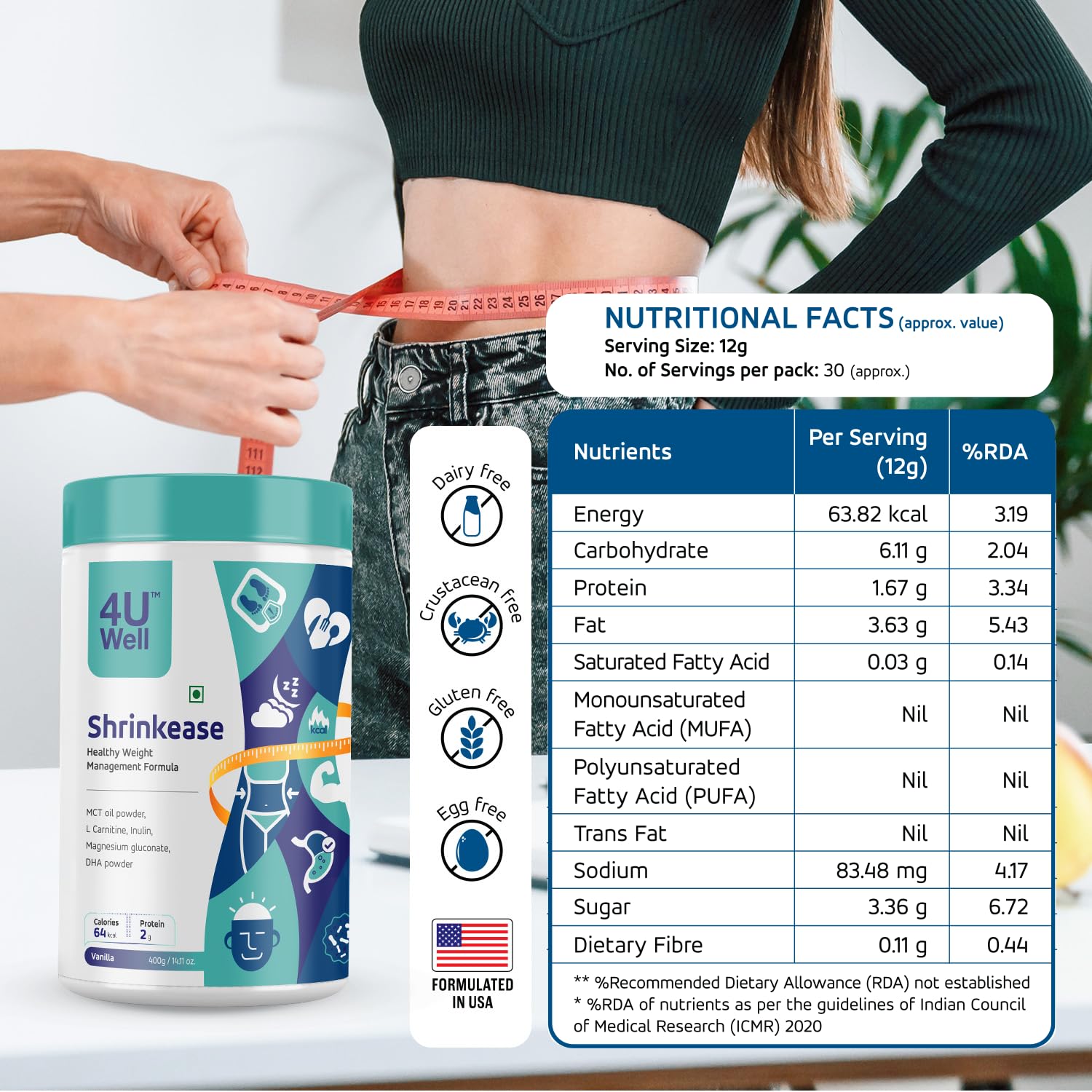4UWell Shrinkease Weight Management Powder with Shaker, 400g | 7 Vitamins & Minerals | L-Carnitine & DHA | 30 Servings — Amazon image 6