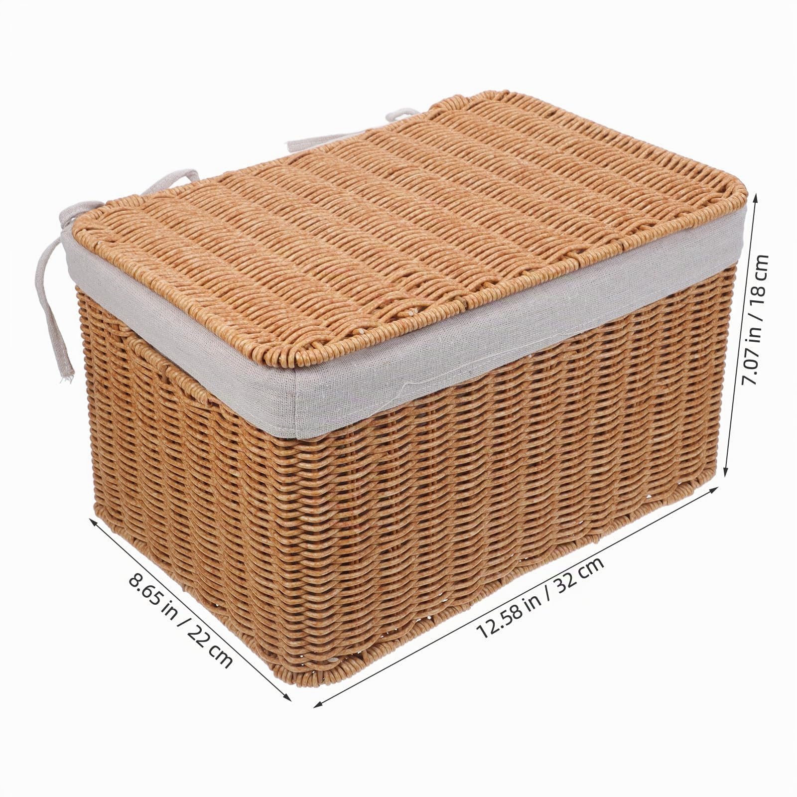 Cesta Porta Oggetti Rettangolare in Rattan con Coperchio | Fodera Interna, Doppio Manico e Formato 32x22x18 Cm, per Cameretta e Armadi