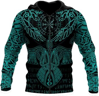 Viking Mens Full Zip Hoodie Norse Mythology Tattoo Casual Long Sleeve Sweatshirt Pullovers Retro Street Jacket Gifts for Men