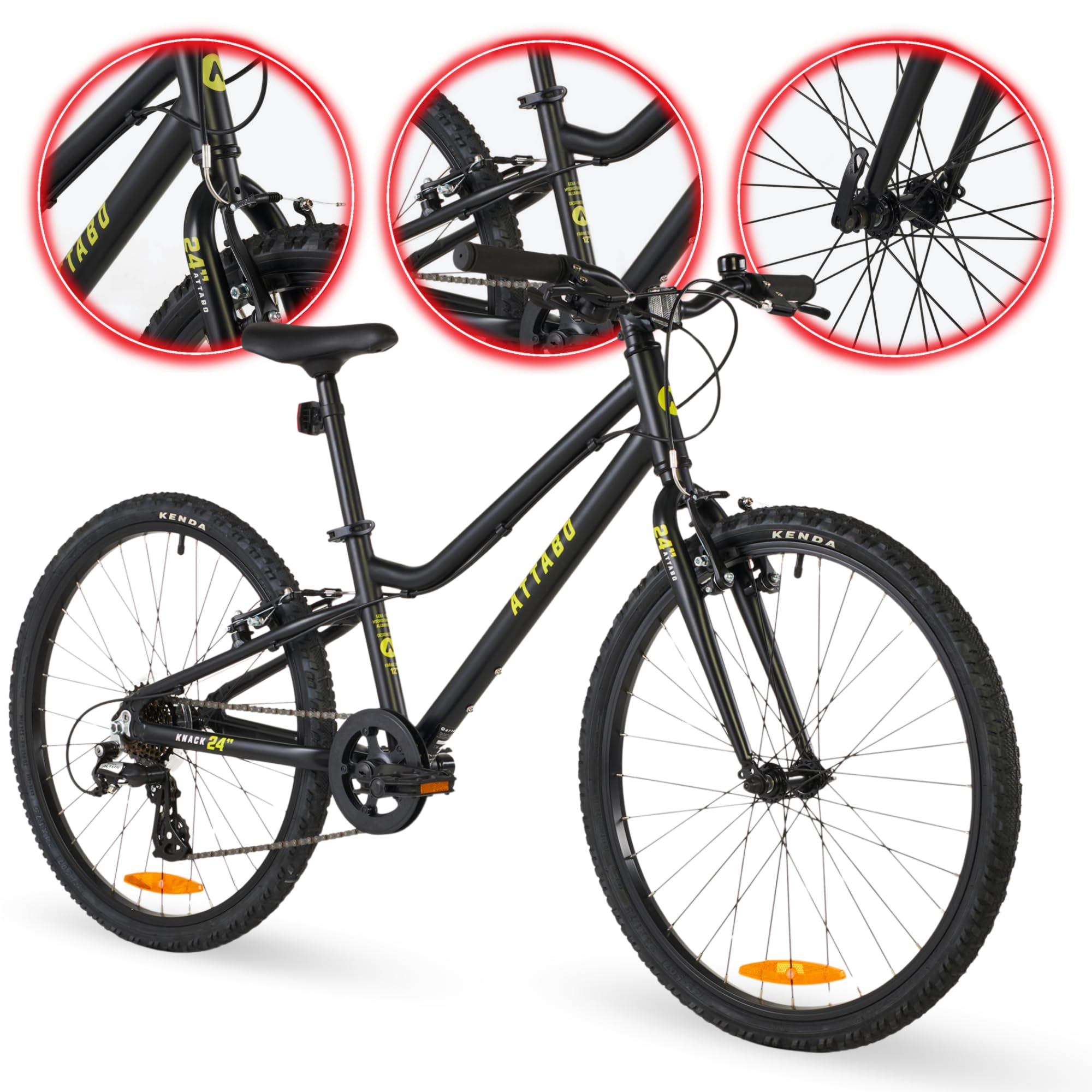 ATTABO Knack 24 - Bicicleta Infantil (7-11 años) con Cuadro de Aluminio Ligero (Solo 10 kg), Ruedas de 24", Horquilla de Acero, para 120-145 cm, Manillar ergonómico Ideal para Senderismo y Tiempo