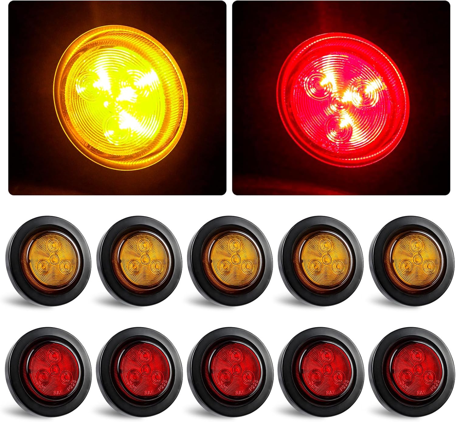 10 luces LED marcadoras de 2 pulgadas, (5 ámbares + 5 rojos), luces de marcador laterales de remolque, 9 diodos con reflectores para camiones de