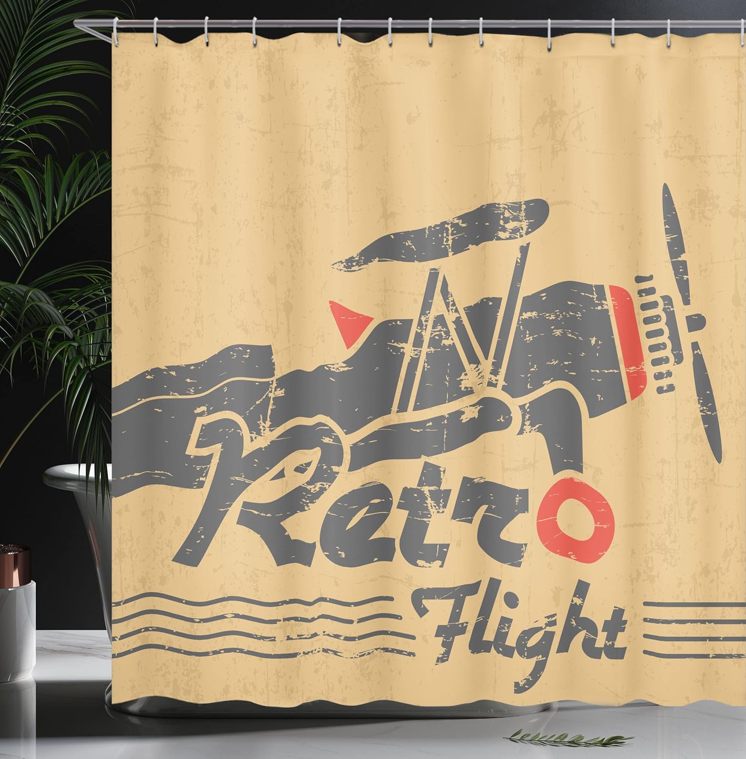 Ambesonne Vintage Airplane Shower Curtain, Retro Flight Emblem with Old Plane Stripes Grunge Style, Cloth Fabric Bathroom Decor Set with Hooks, 69" W x 70" L, Sand Brown Vermilion