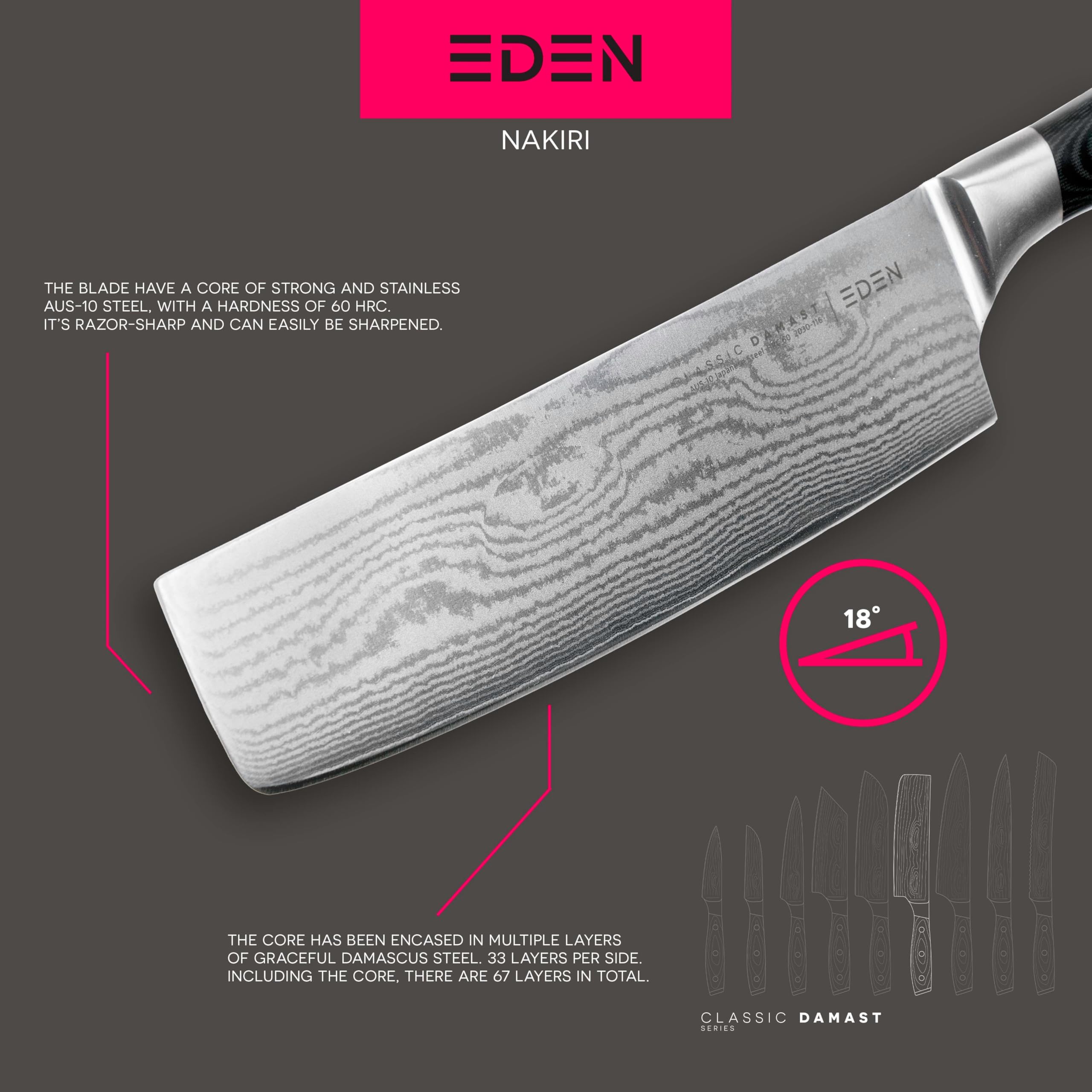 Eden Classic Damast Nakiri 16,5 cm Küchenmesser EQ2030-116 Japanisches Küchenmesser für Gemüse, Damaststahl