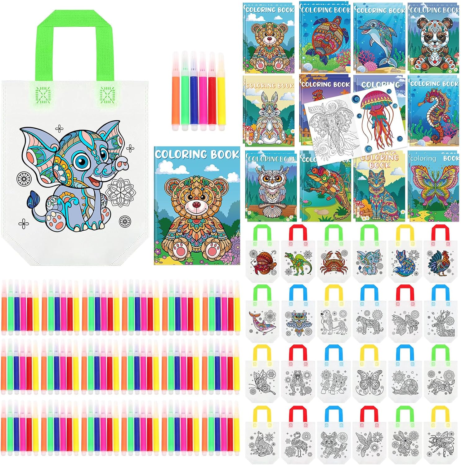 Pasimy 72 Pcs Mandala Animals Coloring Set Include 24 Mandala Animal Coloring Books 24 Color Your Own Gift Bags 24 Sets Markers for Kids DIY Painting Art Birthday Party Favor Classroom Activity Craft