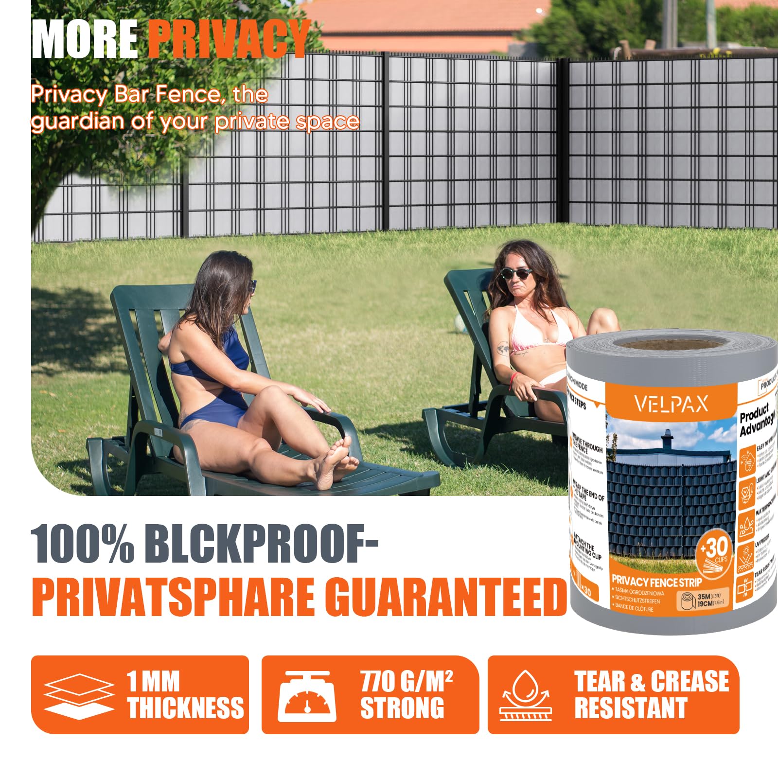 VELPAX 4 x Telo Frangivista Recinzione in PVC,450g/m² 35m x 19cm,Schermo per la Privacy della Recinzione,con Strisce di Fissaggio, Esterno Balcone,Grigio Chiaro