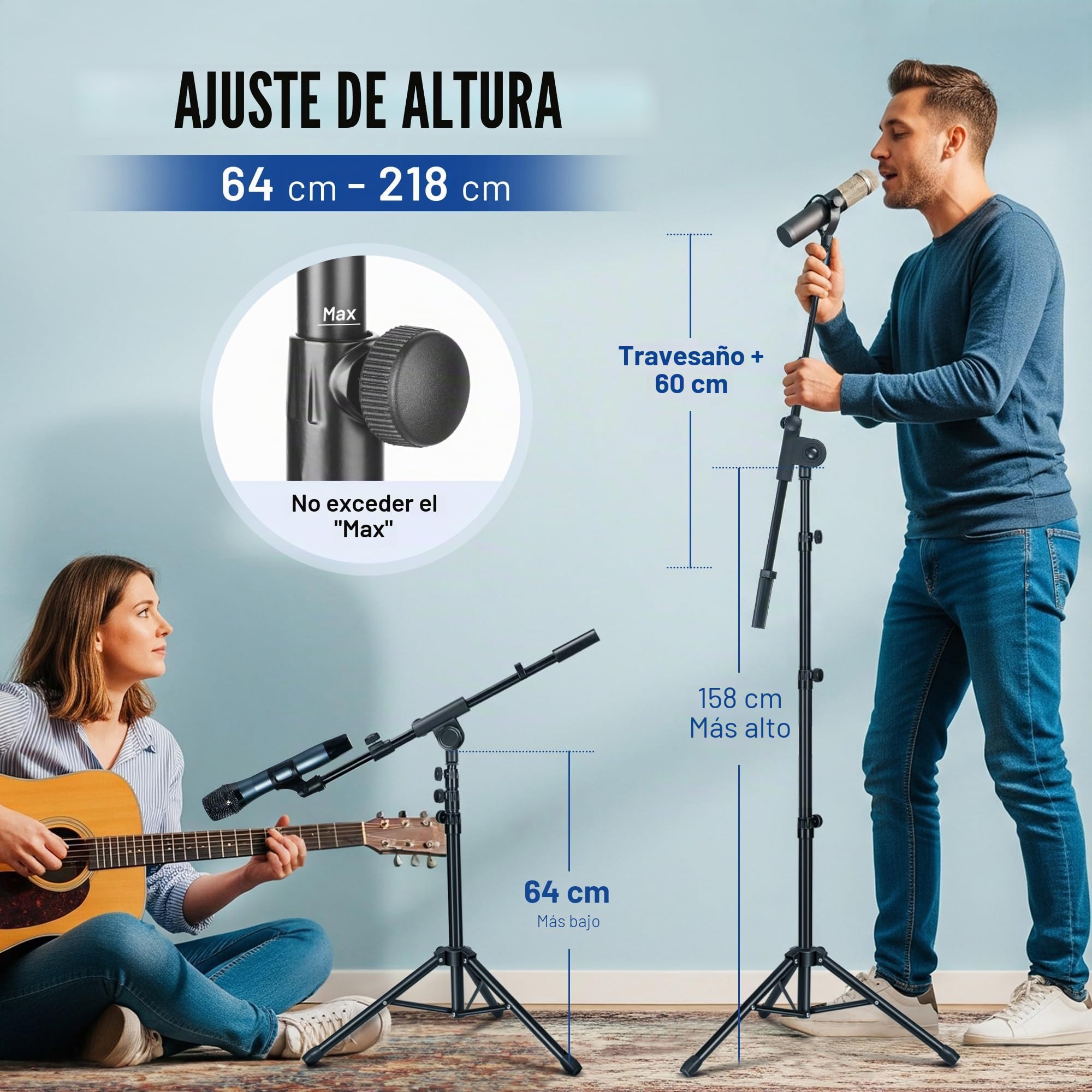 CAHAYA Soporte de Micrófono con Brazo con Dos Pinzas para Microfonos Pie de Micrófono Plegable y Ajustable de 64-158cm para Conciertos Videoconferencias Escenarios