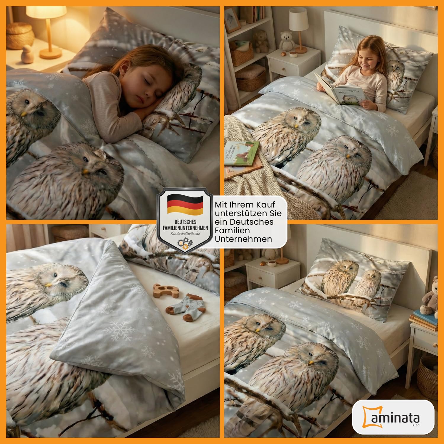 Aminata kids Biber Bettwäsche Eule 135x200 100% Baumwolle Tier-Motiv