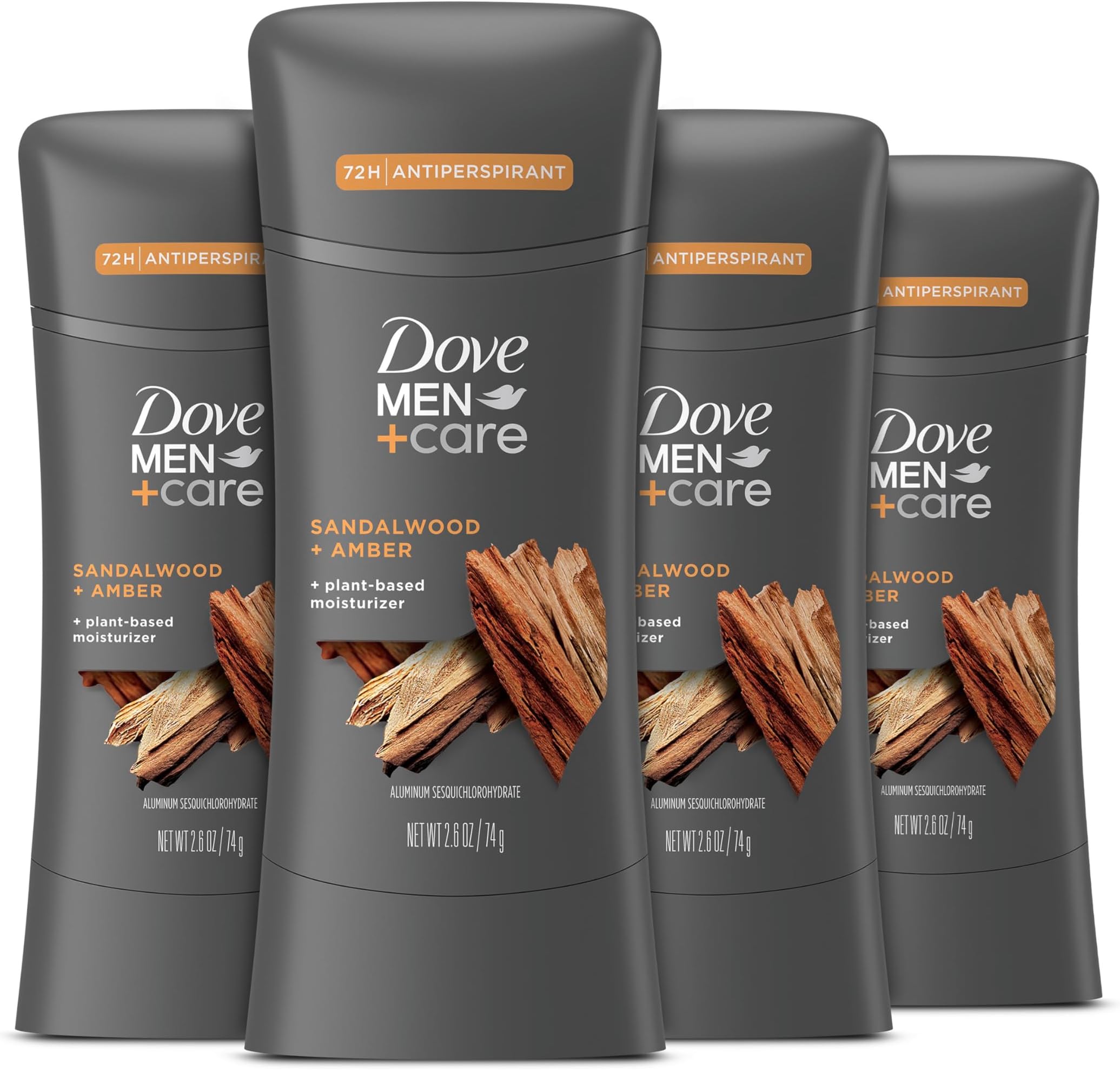 Dove Men+Care Antiperspirant Stick Sandalwood + Amber 4 Count 72H Protection with a Plant-Based Moisturizer 2.6 oz