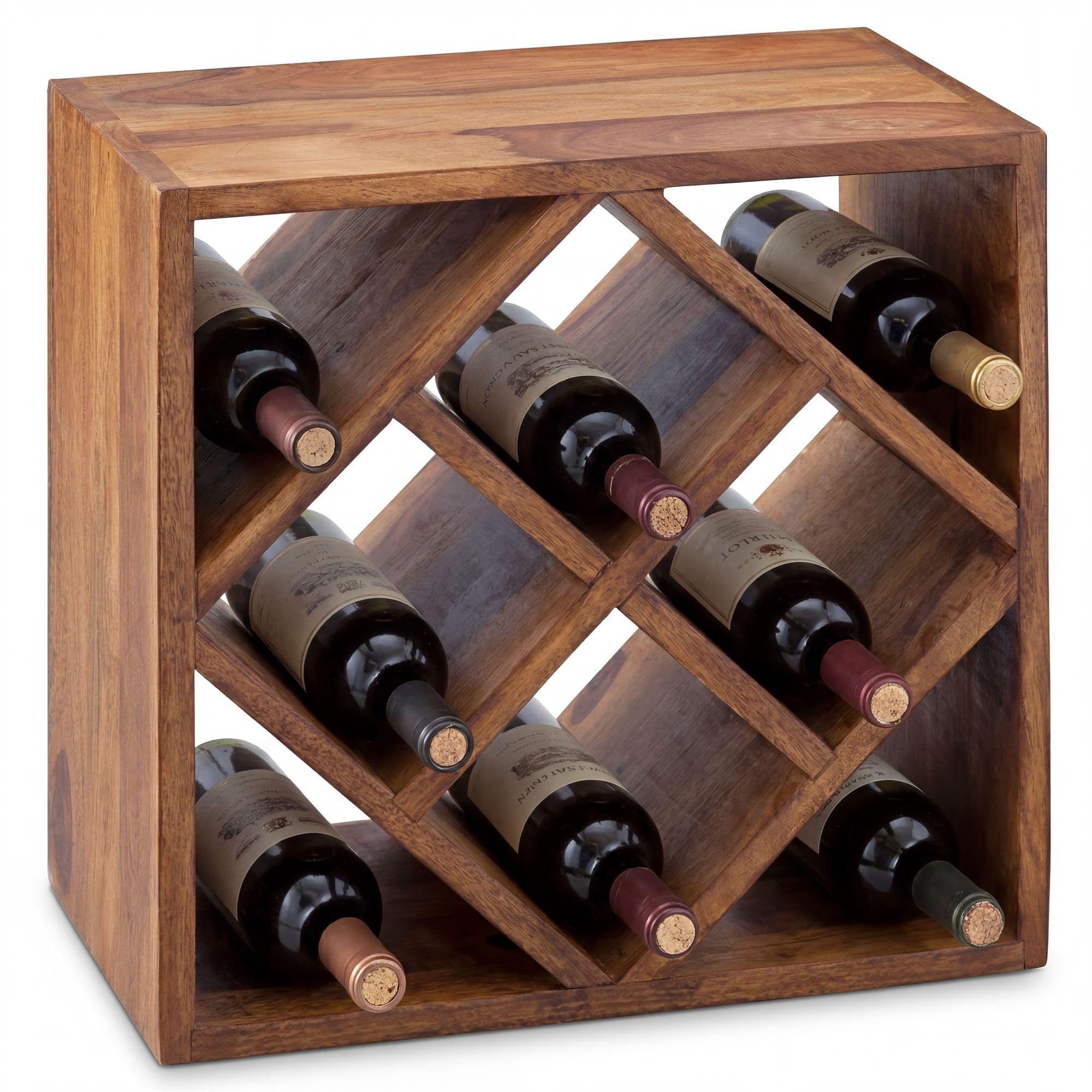FineBuy Weinregal 40x25x40 cm Massivholz Braun für 8 Flaschen | kleines Flaschenregal stehend für die Küche, Standregal schmal, Weinhalter handgefertigt, Unikat