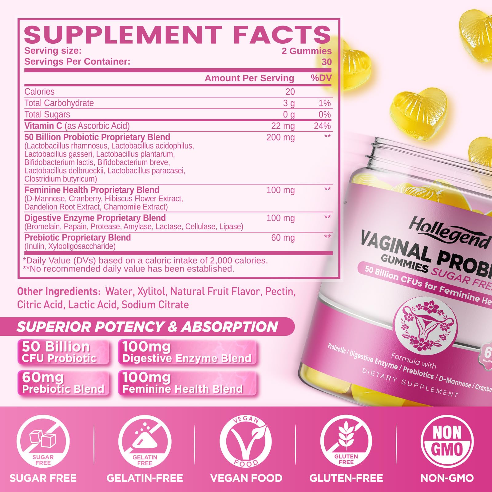 Vaginal Probiotics Gummies for Women Balanced pH, 50 Billion CFUs for Feminine Vaginal odor & Flora, Cranberry, D-Mannose, Vitamin C for Yeast Balance & Immune Health, Sugar Free, Pineapple, 60 Chews