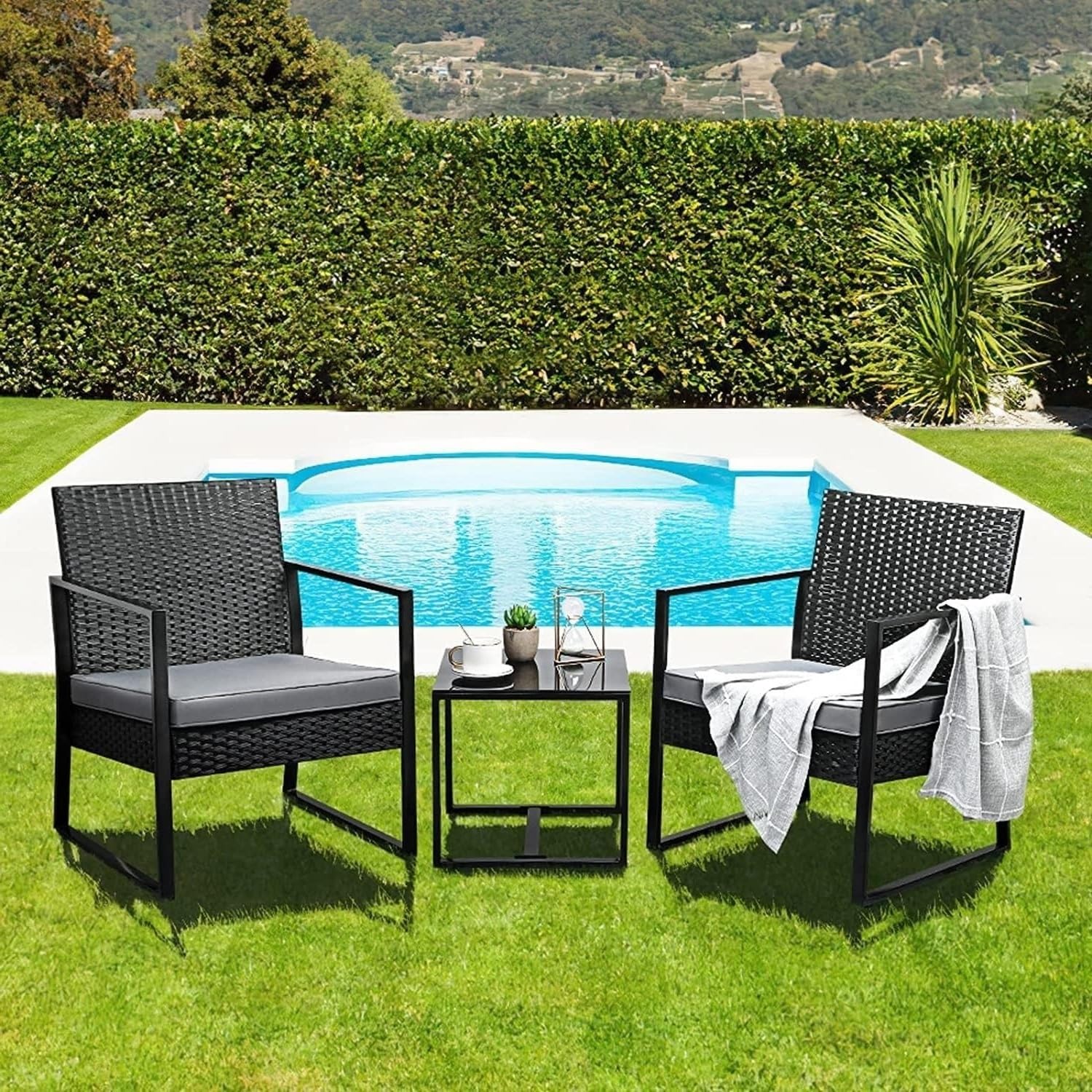 Set di 3 sedie in rattan, tavolino da caffè, mobili da giardino, set da bistrot in rattan con tavolino da caffè, per interni ed esterni, patio, giardino, cortile