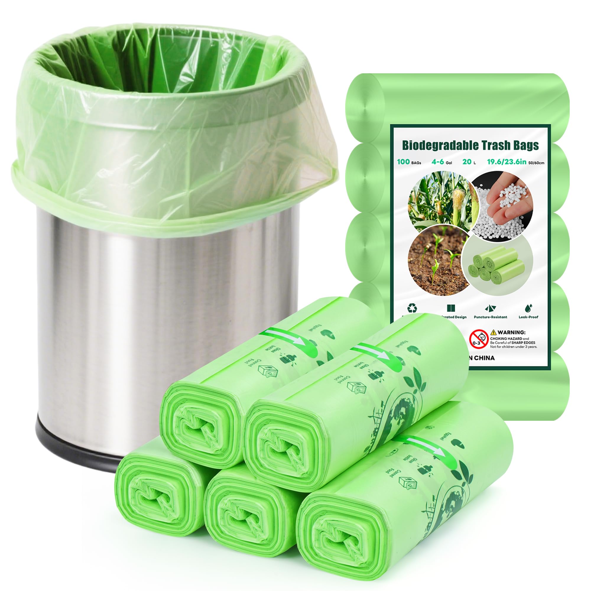 Yawahome Green Food Waste Bags 20L Biodegradable Bin Liners - 100 Count Recycle 4-6 Gallon Garbage Bag, Thick Compostable Bag For Household Trash Bags In Kitchen, Home, Pet, Office Supplies