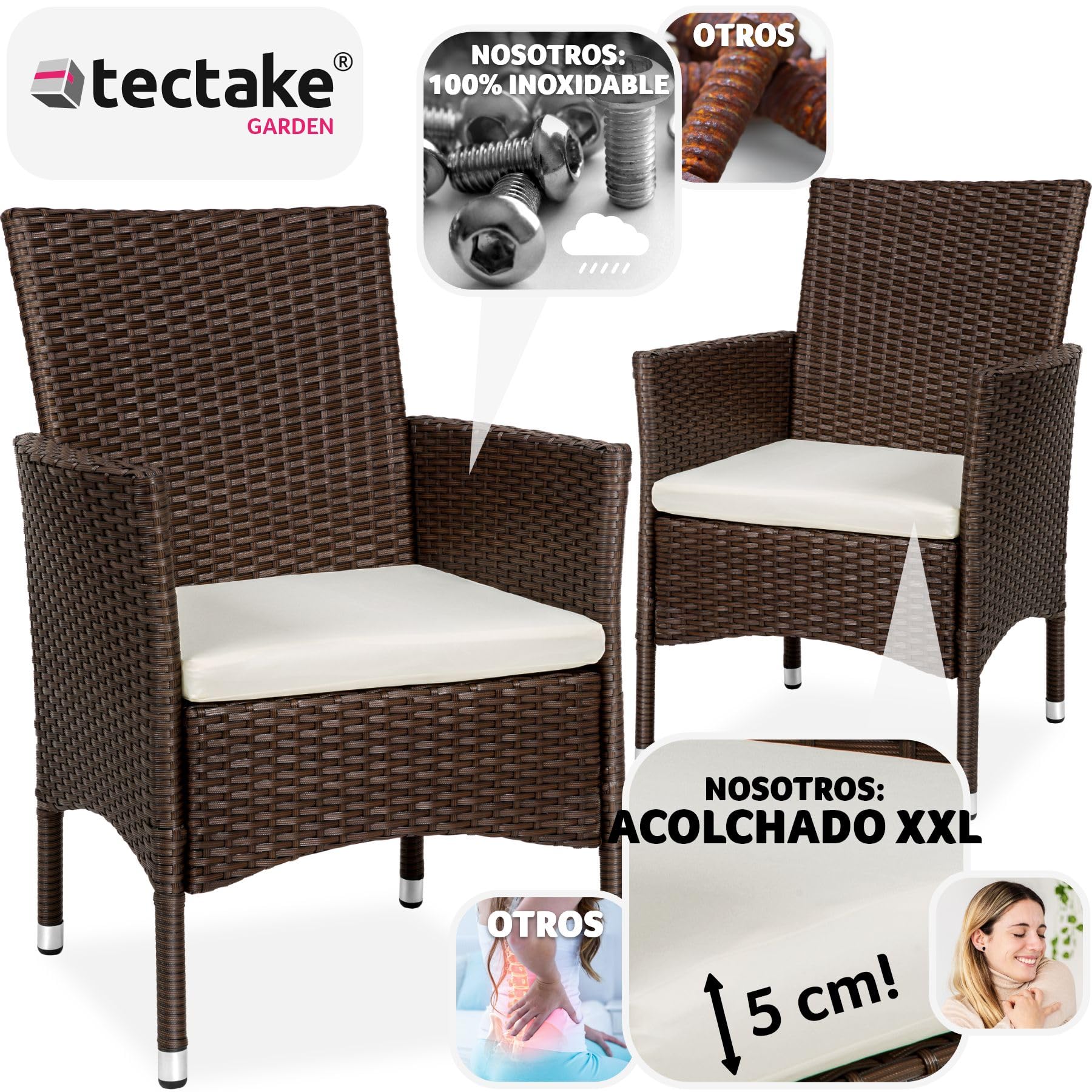 tectake® Set de 2 Sillones en Poliratán y Acero, Muebles Jardín Exterior, Sillón para Conjunto Jardín Exterior, Cojines con Fundas Intercambiables, Fácil Montaje - marrón/Beige
