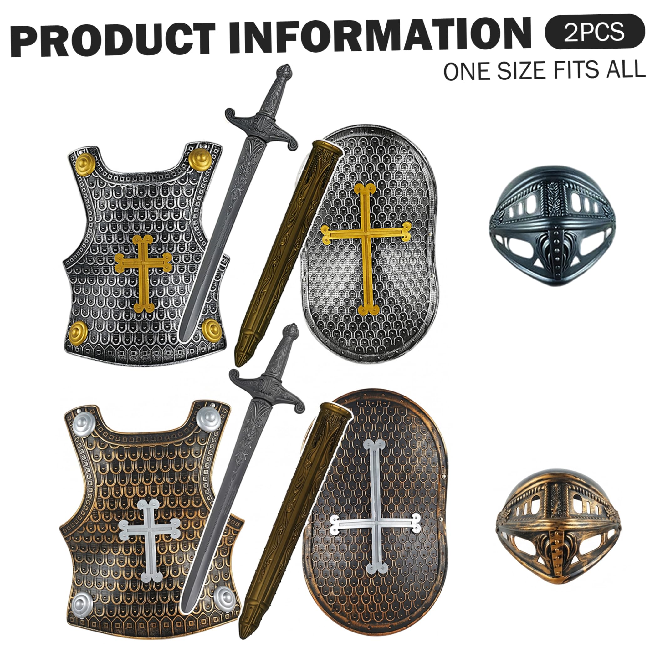Tsawntd Costume da cavaliere per bambini, 2 set, scudo e spada, Os grigio | Kit cavaliere completo, vestibilità regolabile, ottimo per giochi di ruolo, feste di compleanno