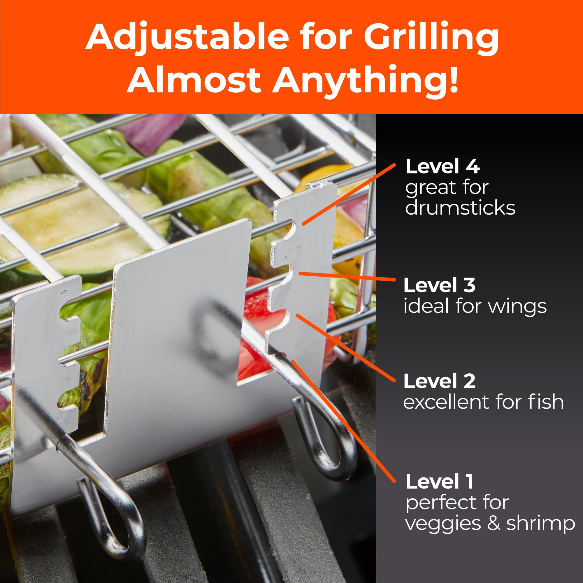 Verstellbarer Grillkorb mit abnehmbarem Griff - 4 Höhenstufen für Gemüse, Fleisch, Fisch & mehr - Verriegelungsdeckel - Backpinsel, Scheuerschwamm & Aufbewahrungstasche für Outdoor-Kochen