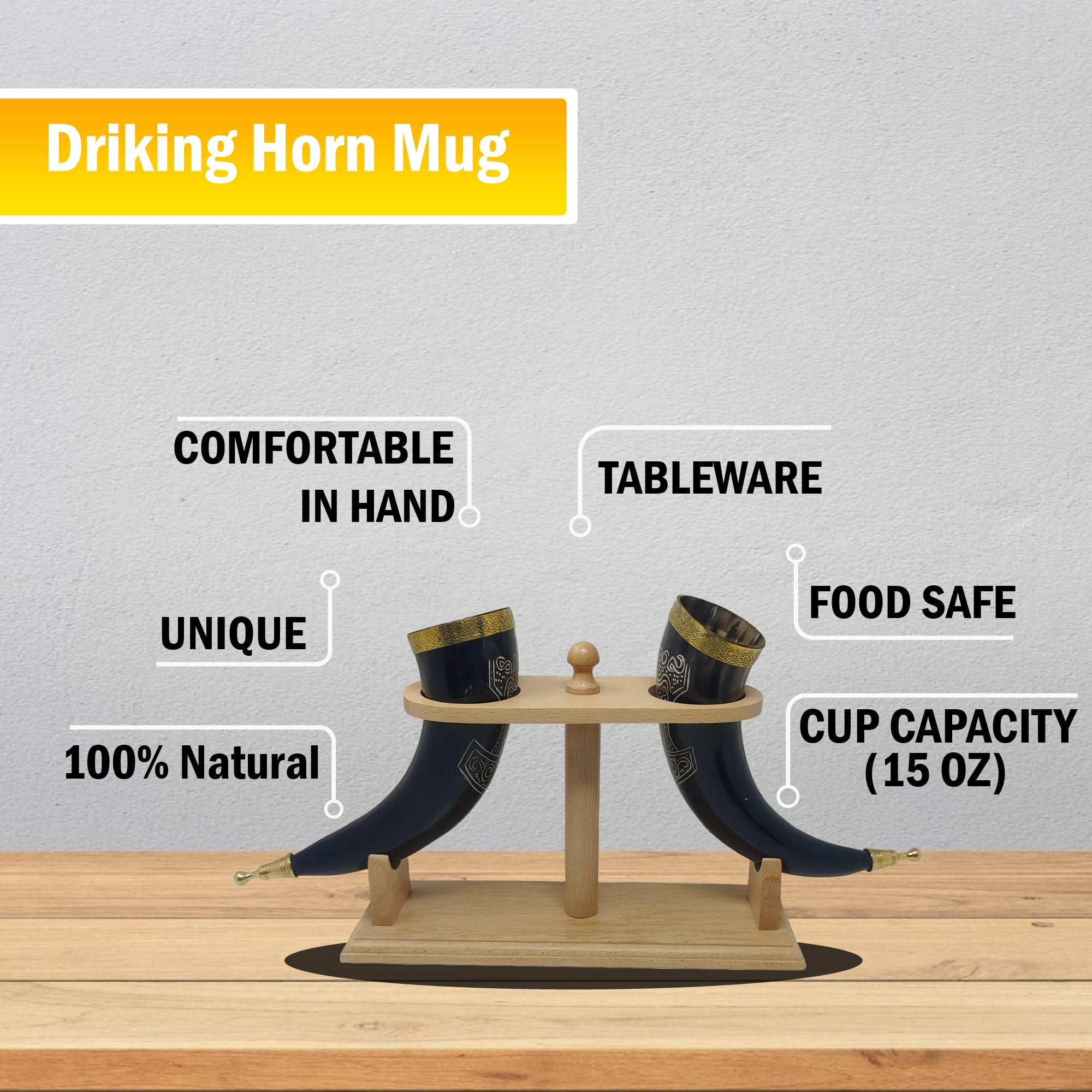 Viking drinking mug, handmade, natural ox horn, mug for ale, beer, mead, wine, 30.5 cm, 100% leak-proof, with a beautiful wooden stand, set of 2
