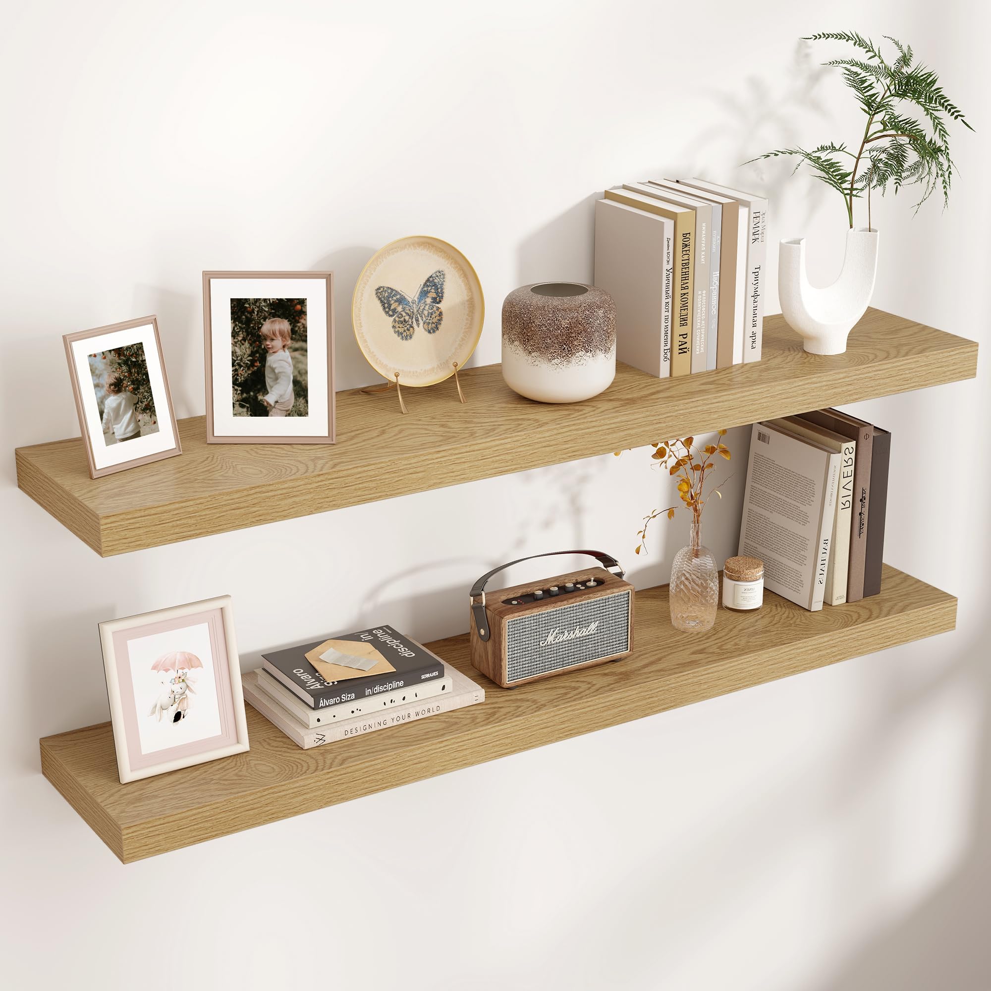 Venusmiles Floating Shelves for Wall, Engineered Wood Wall Shelves with Invisible Brackets for Living Room Bedroom Bathroom Office Kitchen Decor and