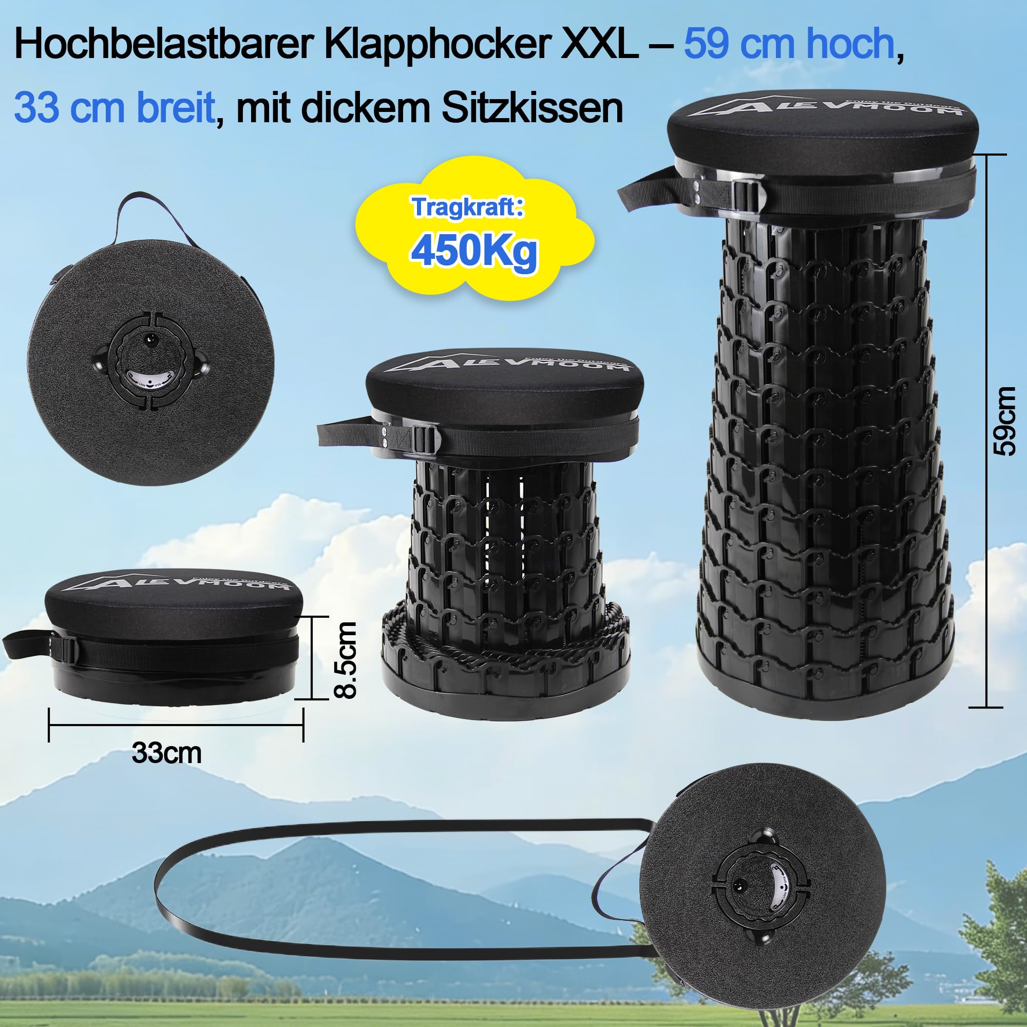 Tabouret télescopique robuste XXXL avec coussin d'assise épais et sac - Hauteur maximale : 59 cm - Charge maximale : 450 kg - Tabouret pliable portable pour camping