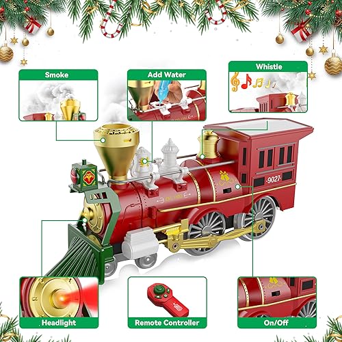 Miniatura 2 de Hot Bee Juego de tren de Navidad con control remoto, juguetes de tren con humo, luces y sonido, juegos de tren de Navidad para alrededor del árbol,
