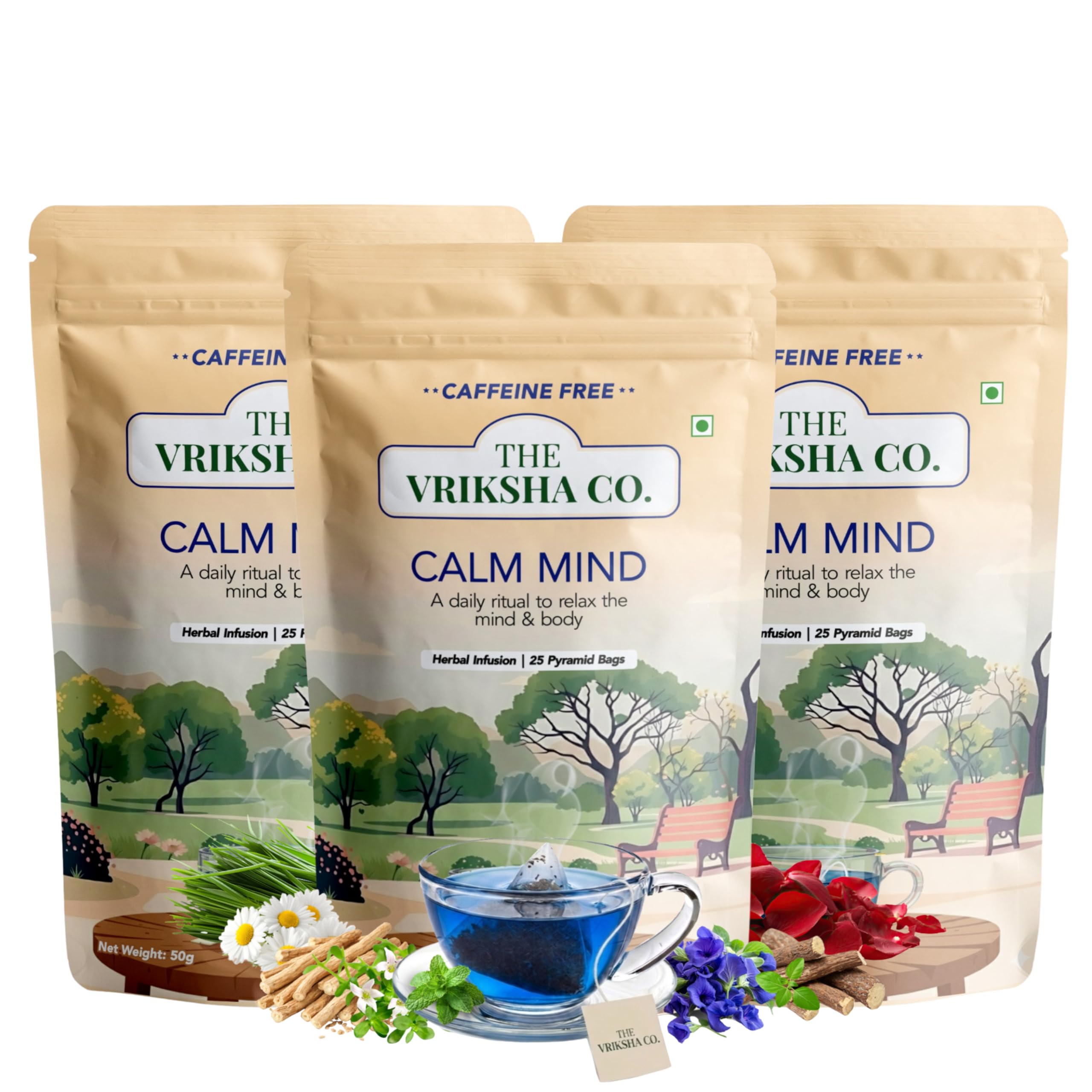 The Vriksha Co. Calm Mind Blue Tea | Caffeine-free | Herbal Tea | Stress Relief, Relaxation & Calmness | Ashwagandha, Tulsi, Brahmi, Butterfly Pea | 25 Plant-Based Pyramid Bags (50g) x Pack of 3 (75 Tea Bags) | Premium Tea