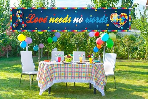 Miniatura 5 de Love Needs No Words - Cartel de valla para concientización sobre el autismo, pieza de rompecabezas con forma de corazón, fiesta, cabina de fotos,