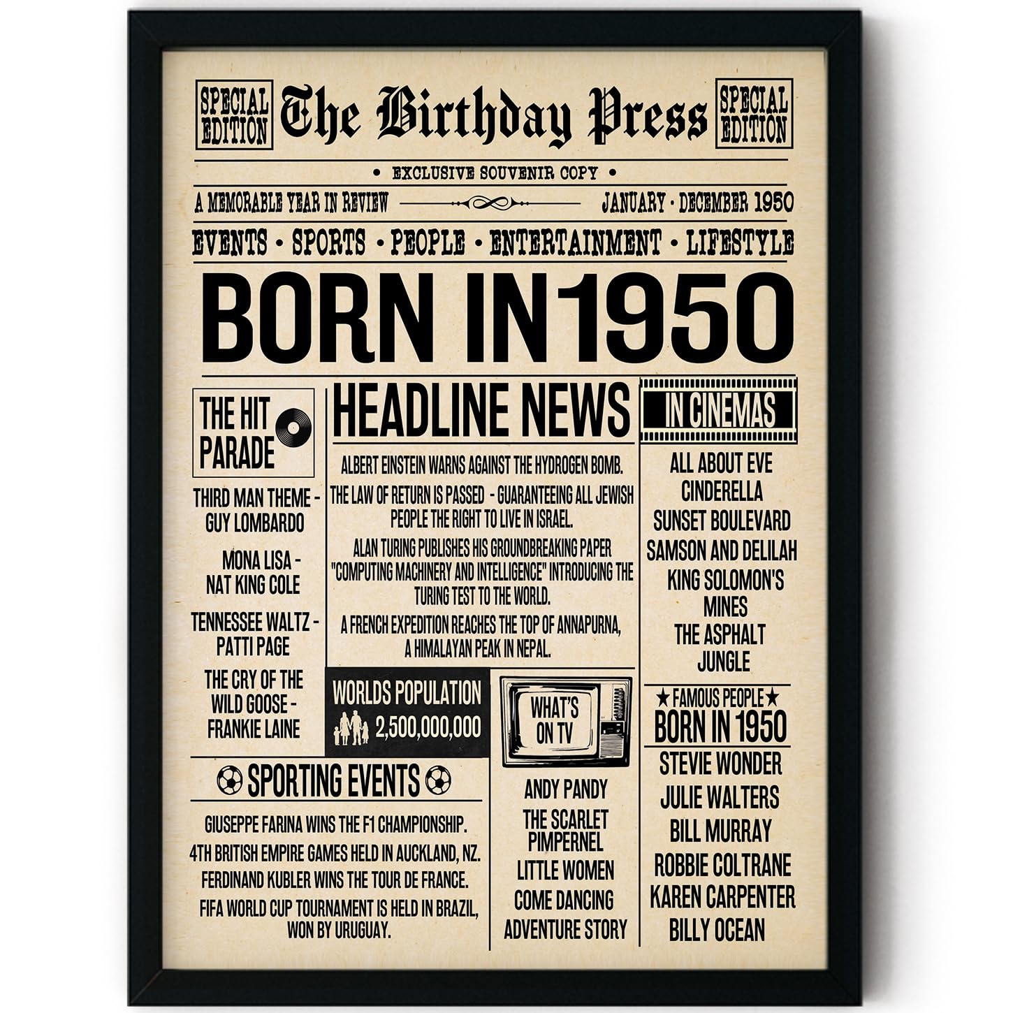 Stuff4 Women's 1950 76Th Birthday Poster Framed, Born In Newspaper