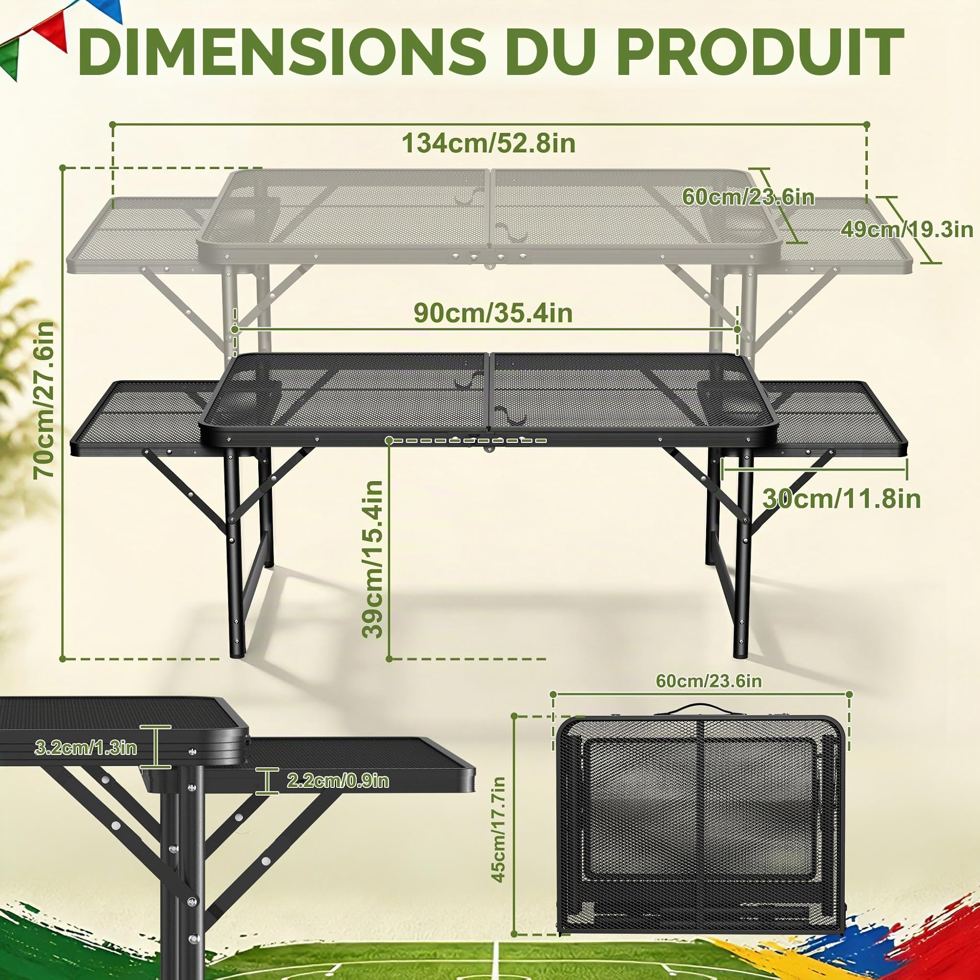 Tables de camping pliantes avec plateau en treillis métallique, étagère pliable et poignée, 2 hauteurs réglables, table d'appoint en métal, table de jardin jusqu'à 30 kg, table pliante