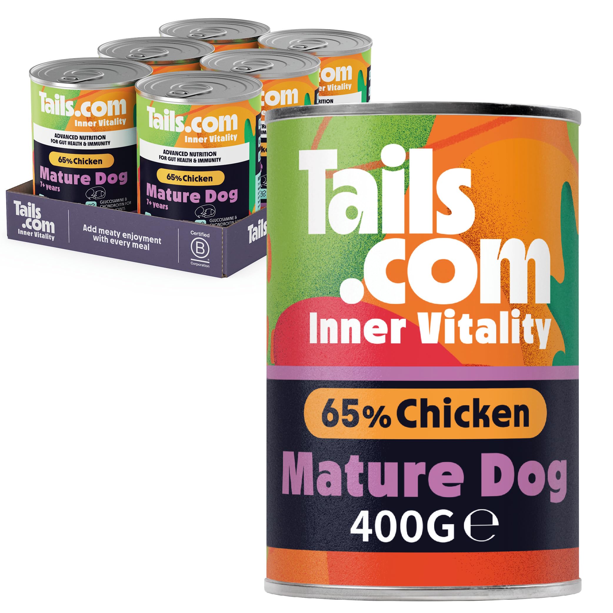 Tails.com • Wet Dog Food 6 x 400g • Chicken • Mature/Senior 7 years • Hypoallergenic Recipe • Made with natural ingredients • Contains Paraprobiotics to Support Gut Health