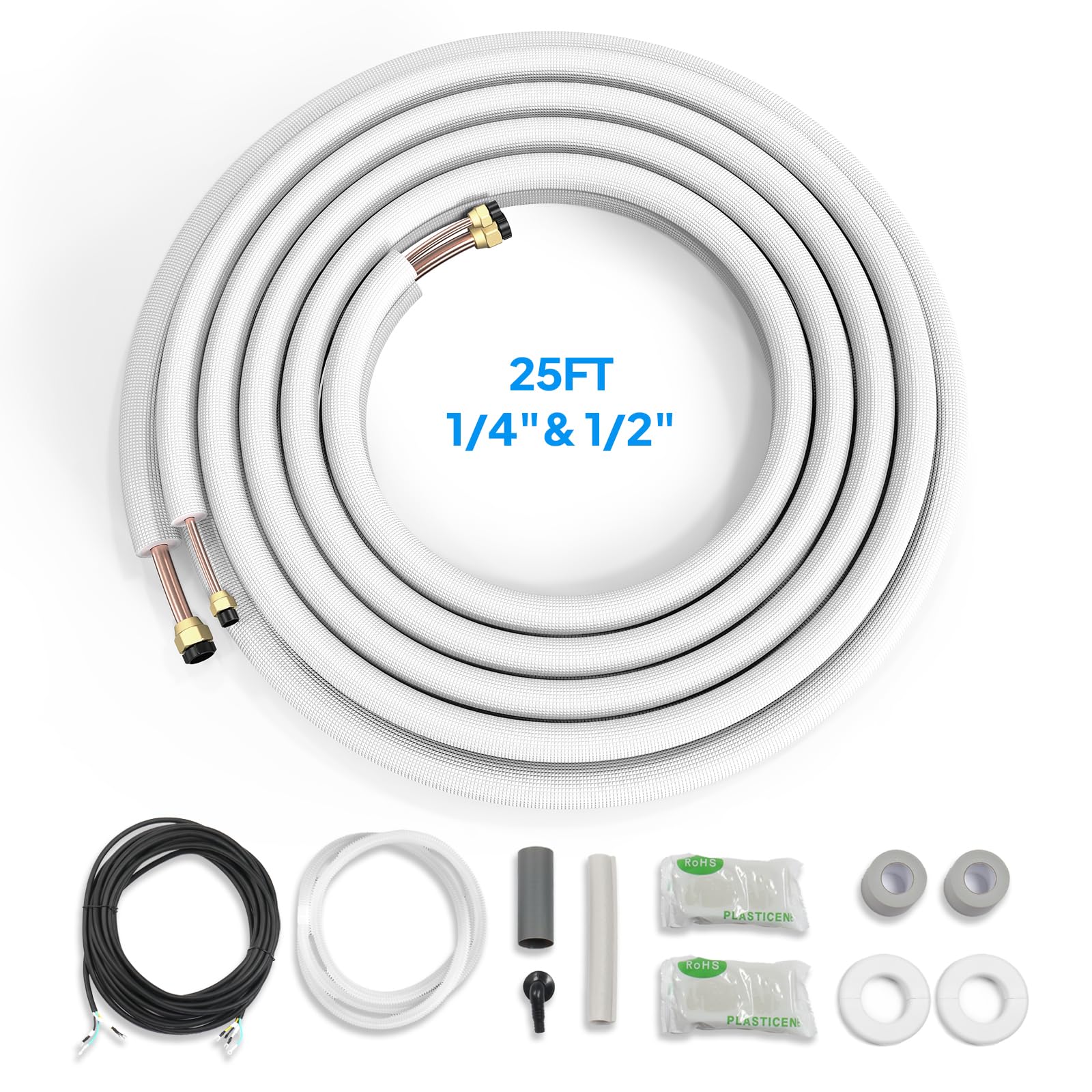 ROVSUN 25 Ft Mini Split Line Set, 1/4" & 1/2" O.D. Flared Copper Tubing Pipes and 3/8" Thickened PE Insulated Coil with Nuts & Kit for Mini Split Air