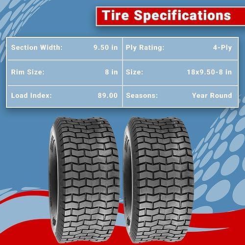 Miniatura 2 de Dos neumáticos de césped de 18 x 9.50-8 para cortacésped de jardín, 4 capas, clasificados sin cámara, no direccional, tractor de jardín, para montar