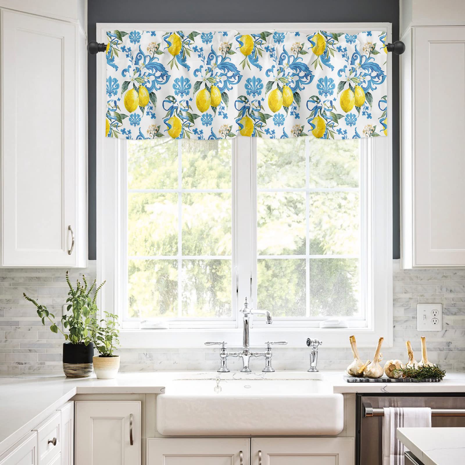Valances for Windows Semi Sheer Valance Rod Pocket Light Filtering Small Window Curtains Baroque Blue Texture Summer Lemons Tile Pattern Valances for Living Room, Bathroom Window Curtain 54"x18"